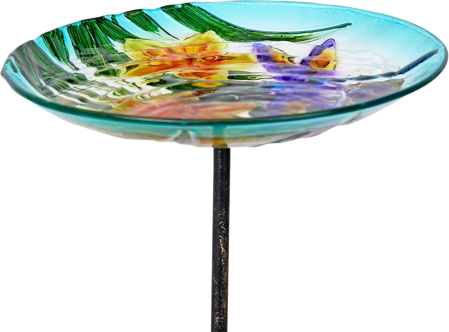 Alpine Corporation 25" Tall Outdoor Glass Birdbath Stake with Flowers and Dragonfly Accent, Garden Decor, 10" Round, Orange