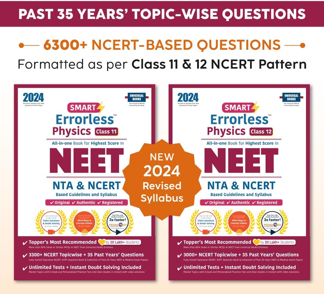 Smart Errorless Physics NEET Class 11 & 12 (2024) - NCERT Based | 8000+ NCERT & New Pattern Questions | 35 Past Years Papers | Free E-Book, Mind-maps & App