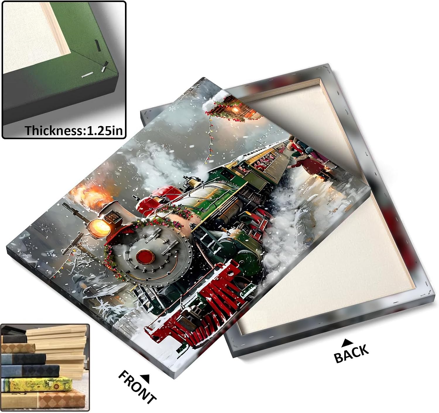 Sunwes Christmas Train Wall Art Canvas - Festive Holiday Steam Engine Scene with Snowy Station and Cheerful Passengers Pictures Print Christmas Xmas Wall Decor for Living Room or Entryway 24x30inch