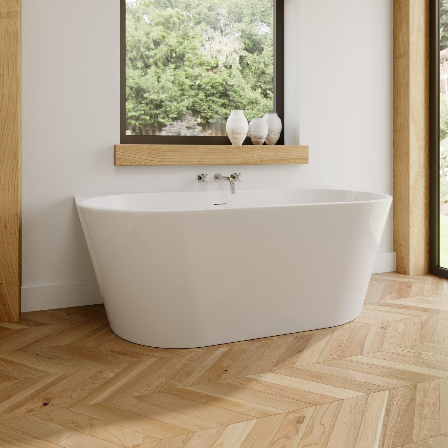 Baystone 1600 x 800mm Freestanding Double Ended Back to Wall BTW Bath White Gloss Soaking Bathttub, Acrylic Luxury Baths Bathroom Modern with Waste