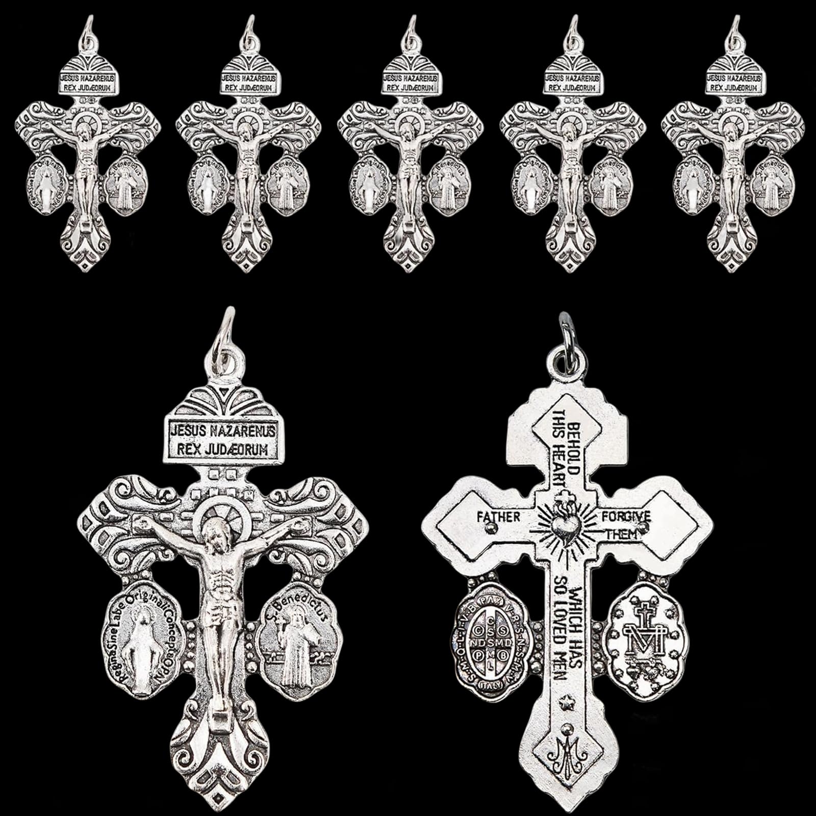 5PCS Pardon Indulgence Crucifix with St Benedict Medal and Miraculous Medal Triple Threat Crucifix Cross for Rosary Making Italian Crucifix Catholic Rosary Making Supplies (Silver)