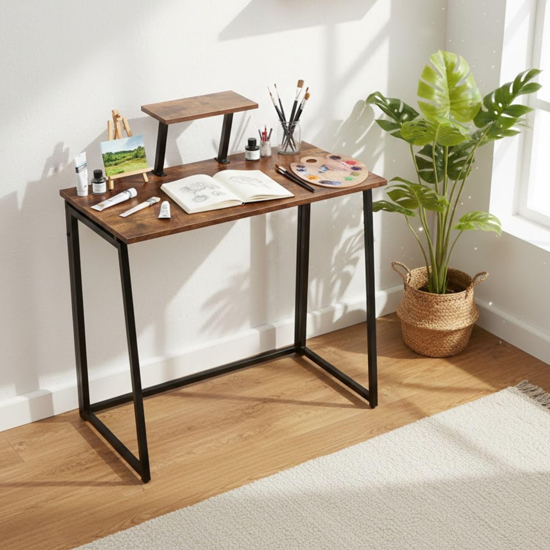 FurnitureR Kompakter Office & Drawing Table 80 × 40 cm, mit Metallrahmen & MDF-Holzplatte，Platzsparender Klapp-Arbeitstisch für Studenten, WG & Kleine Wohnungen, Stabiler Metallrahmen, In Vintage