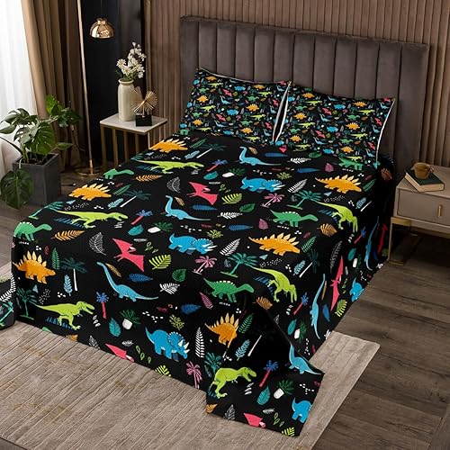 Juego de ropa de cama de 3 piezas de dinosaurio para mujer, ropa de cama ligera de árboles y hojas, juego de colcha de animales coloridos, colcha de