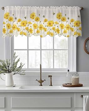 Yellow Daisy Floral Sheer Valance Curtains for Kitchen Living Room Decor, Honey Bee Rustic Flowers Semi Sheer Curtain Voile Valance Rod Pocket Window Treatment Short Curtain Panel 54"x18"