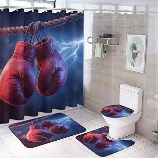 4Pcs Blue Lightning Shower Curtain Sets, Vibrant Boxing Gloves Rope Shower Curtains for Bathroom with Rugs, Toilet Lid Cover, Bath Mat, 72" x 72"
