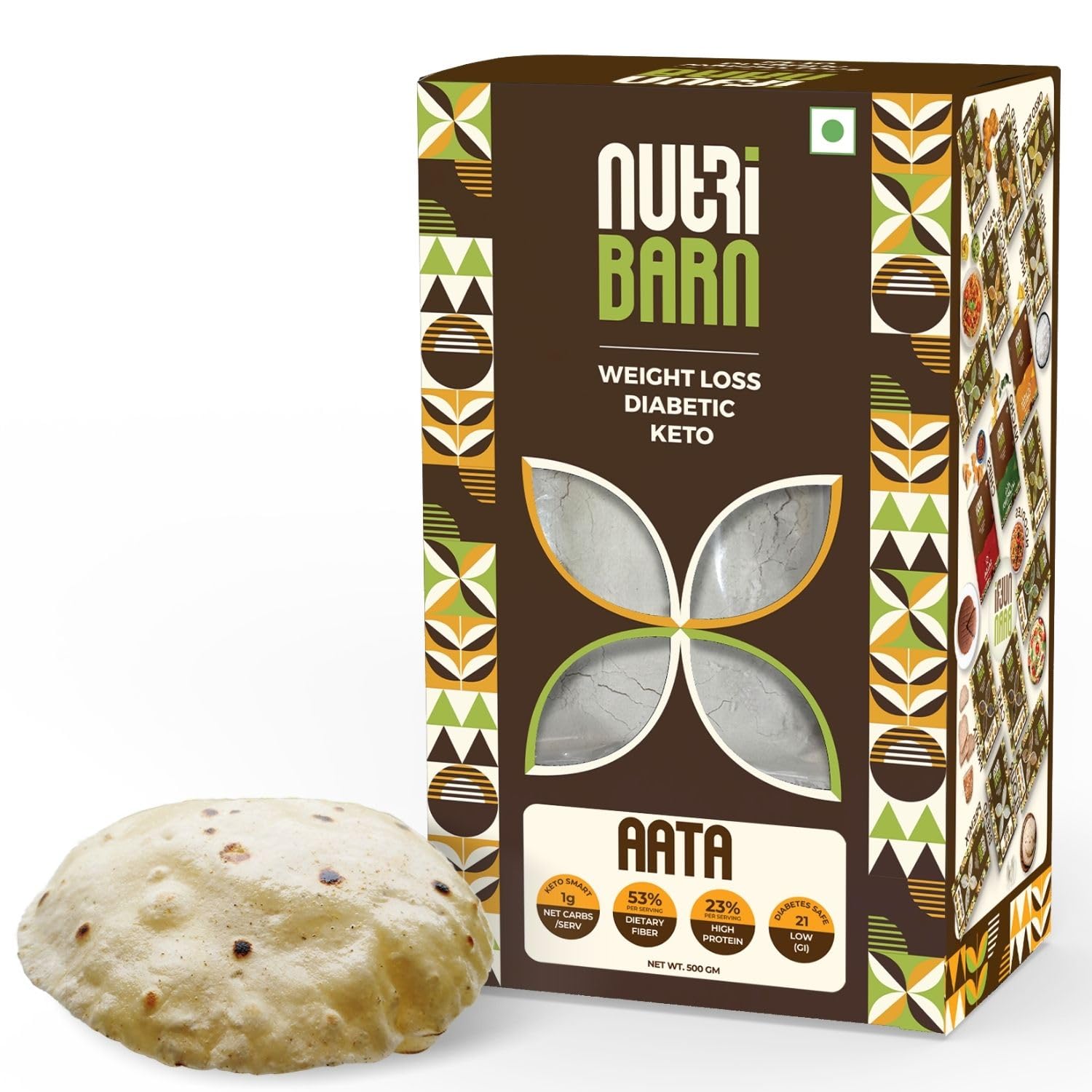 Nutribarn High Protein Low Carb Atta 1 Kg | 23% Protein | 1g Net Carbs Per Roti | Lab Tested Low GI 21 | Diabetic Friendly, Weight Management Flour | 500g (Pack of 2)