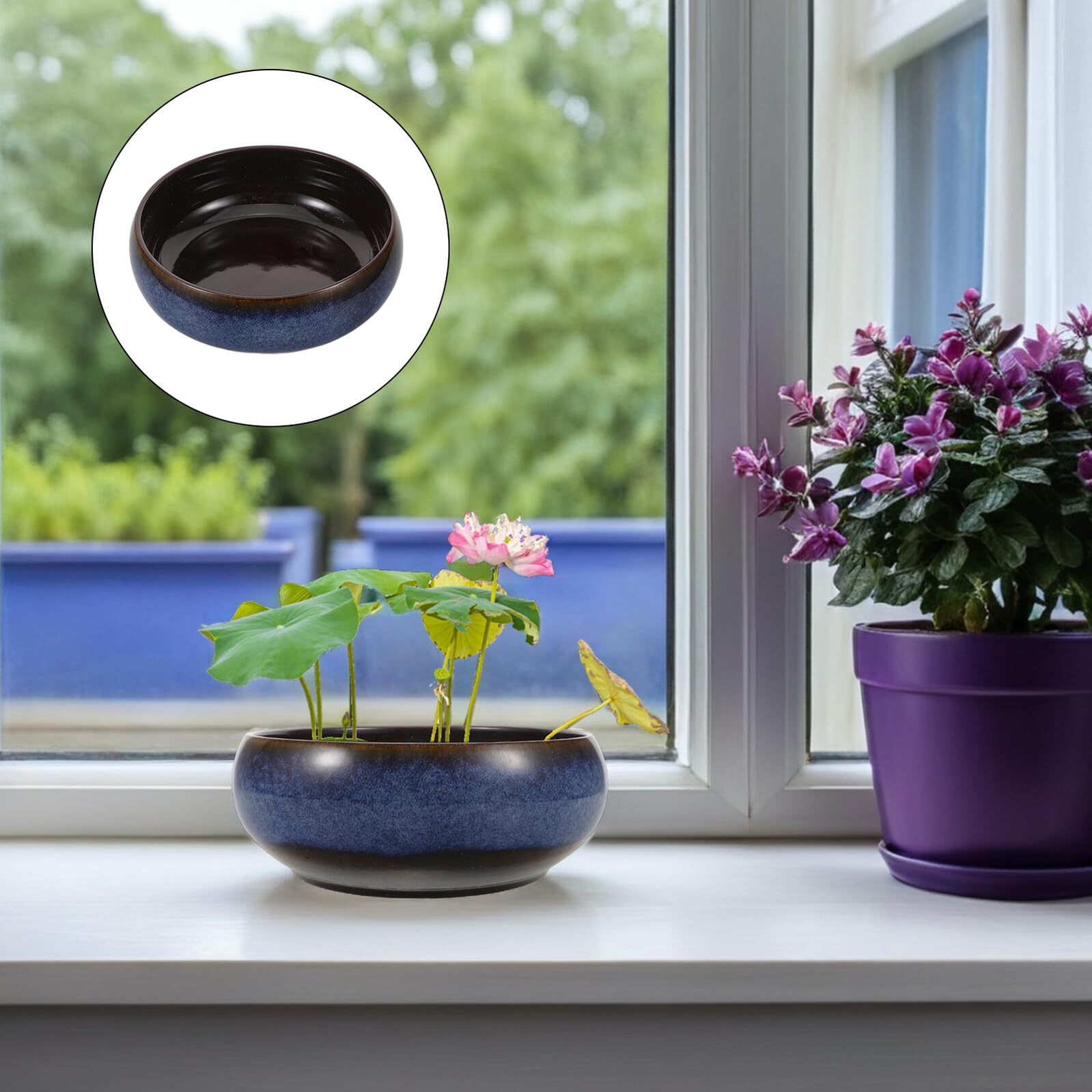 Duża okrągła ceramiczna donica na rośliny z motywem lotosu w stylu retro, izolująca przed wahaniami temperatury, dla roślin wodnych w biurze lub gabinecie