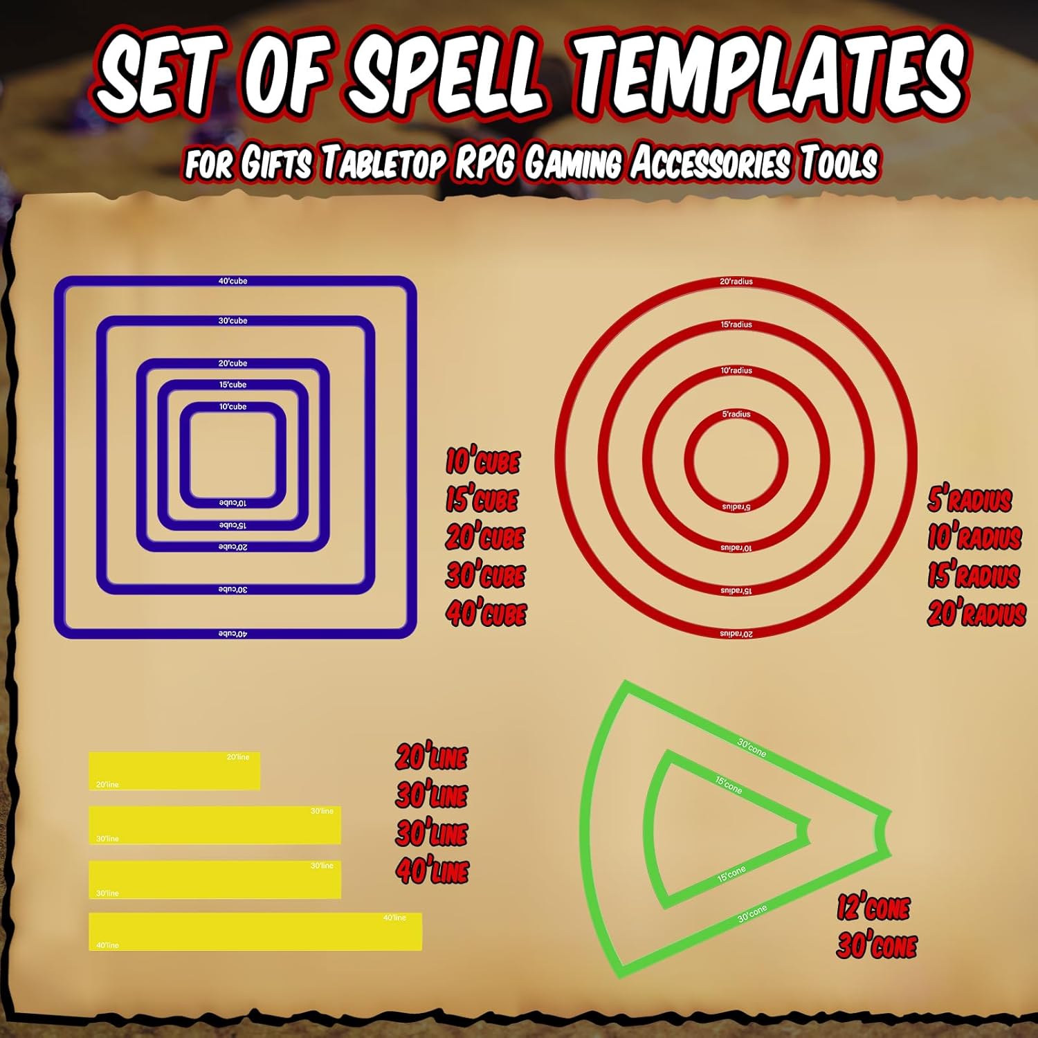 Sintuff 15 Pcs Spell Effect AOE Damage Template Area Translucent Acrylic Spell Marker Set Include 5 Cube 4 Circle 2 Cone 4 Line Templates for Gifts Trpgs Dm Gaming Accessories(Colorful)