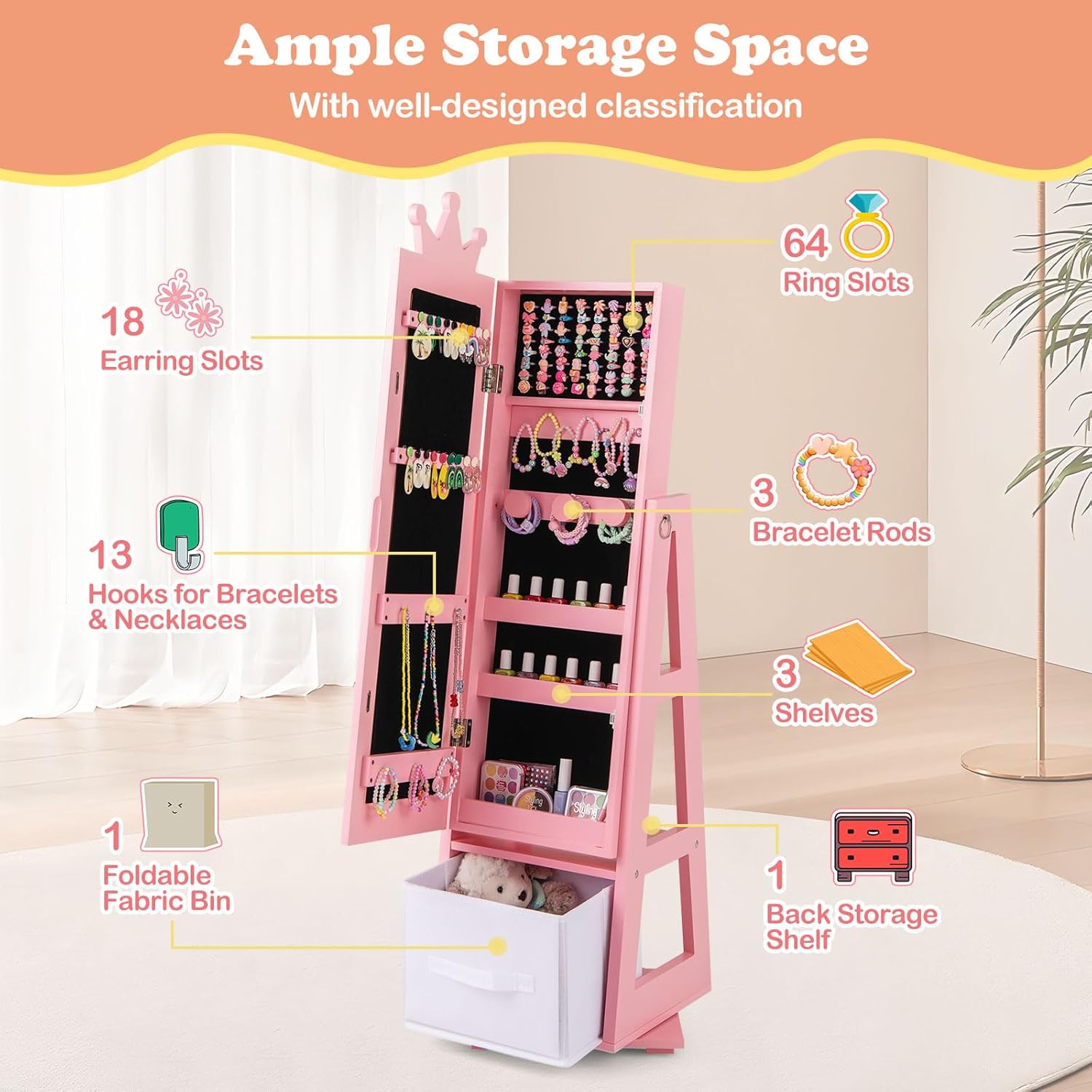 HONEY JOY 2 Piece Kids Vanity Set & Jewelry Armoire Cabinet, Crown Wooden Makeup Table & Chair Set, Dress Up Jewelry Organizer w/Full-Length Mirror, Kids Bedroom Furniture for Girls Playroom (Pink)
