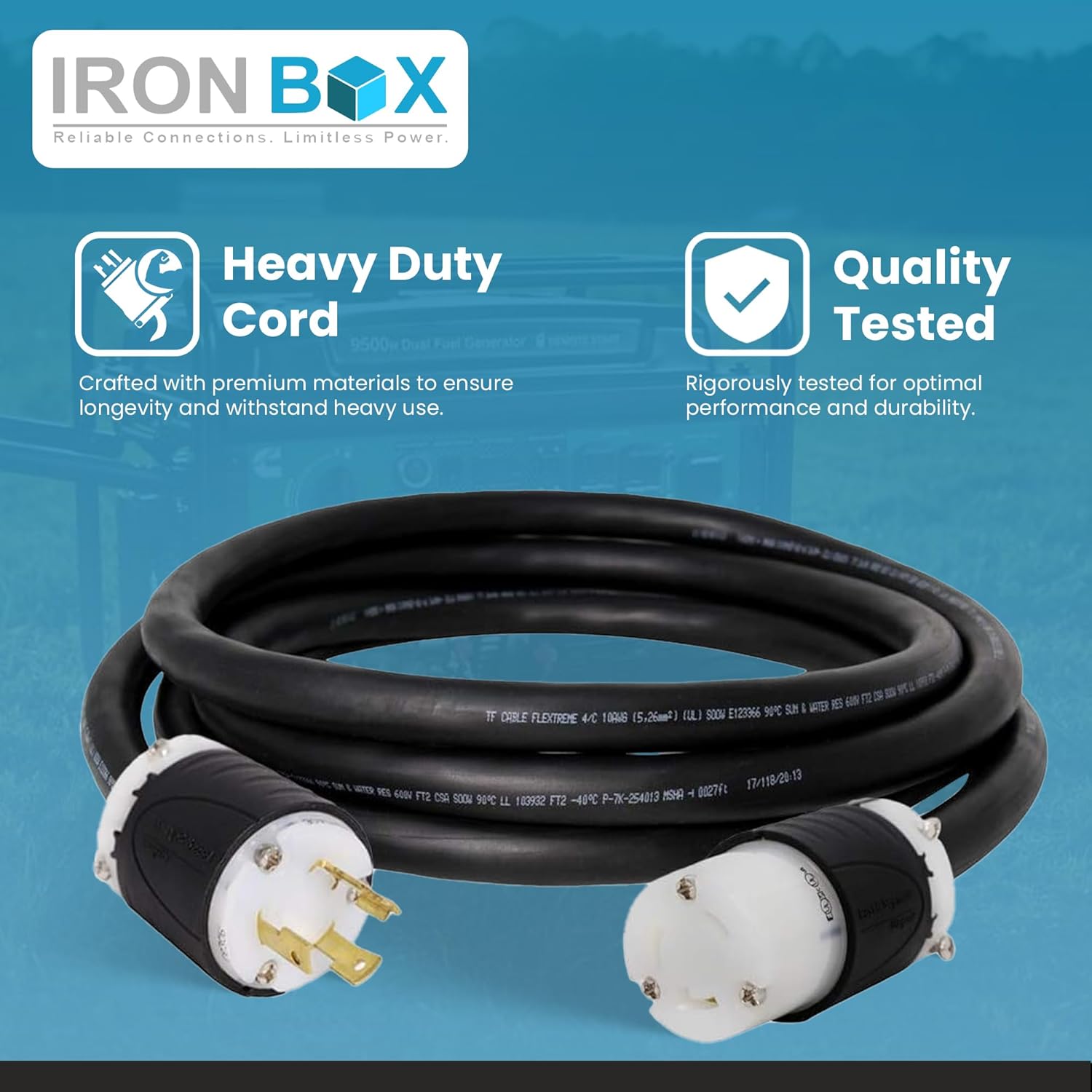 IronBox Electric - NEMA L6-30P to L6-30R Extension Power Cord - 30 Amp RV Power Cord, 50 Feet Long, 250V/208V, Heavy Duty 10 AWG for RV and Shore Power, Twist Lock for Trailers and Campers - Black
