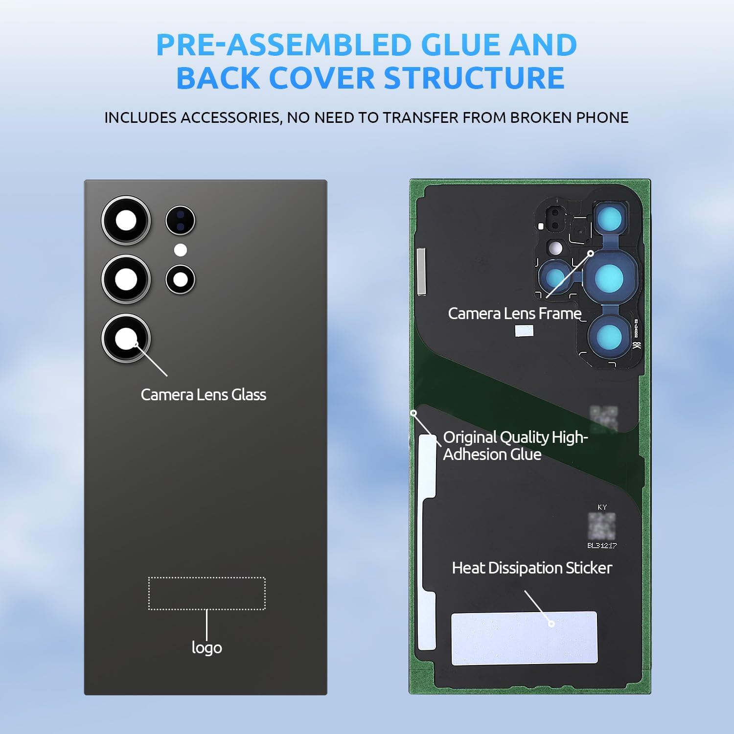 Back Glass Replacement for Samsung Galaxy S24 Ultra SM-S928 Back Cover Rear Housing with Camera Lens + Repair Tool Kit Genuine Rear Glass (Black)