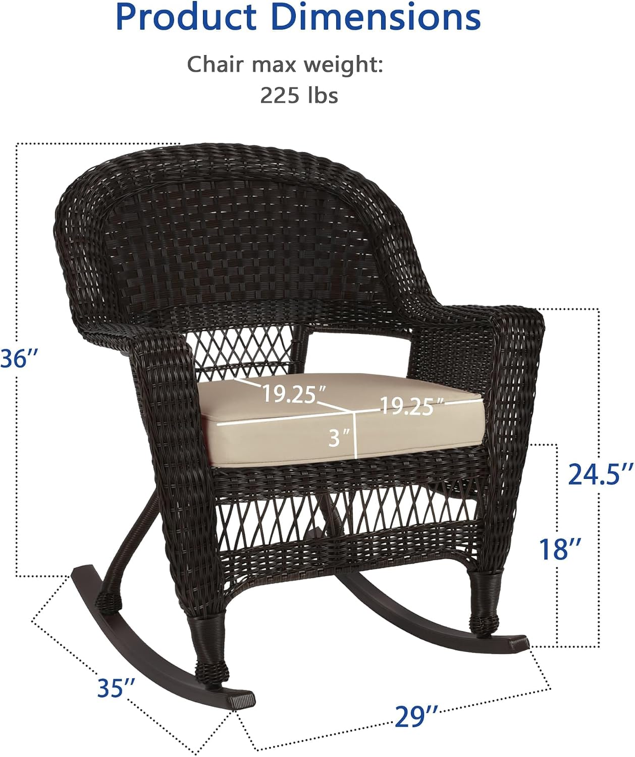 Jeco Rocker Wicker Chair with Tan Cushion, Set of 2, Espresso