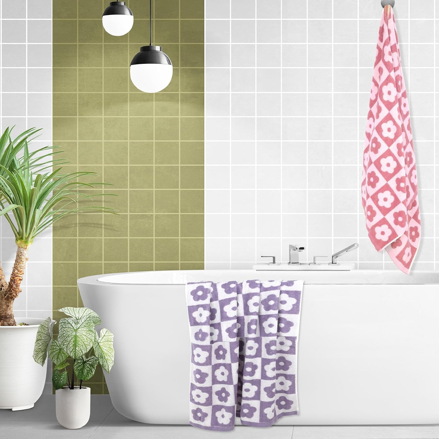 2 PCS Checkered Bath Towels Cute Cotton Floral Bath Towel Soft Absorbent Large Shower Towels for Bathroom, Pool, College Dorm, 27.5x55 Inches, Pink and Purple