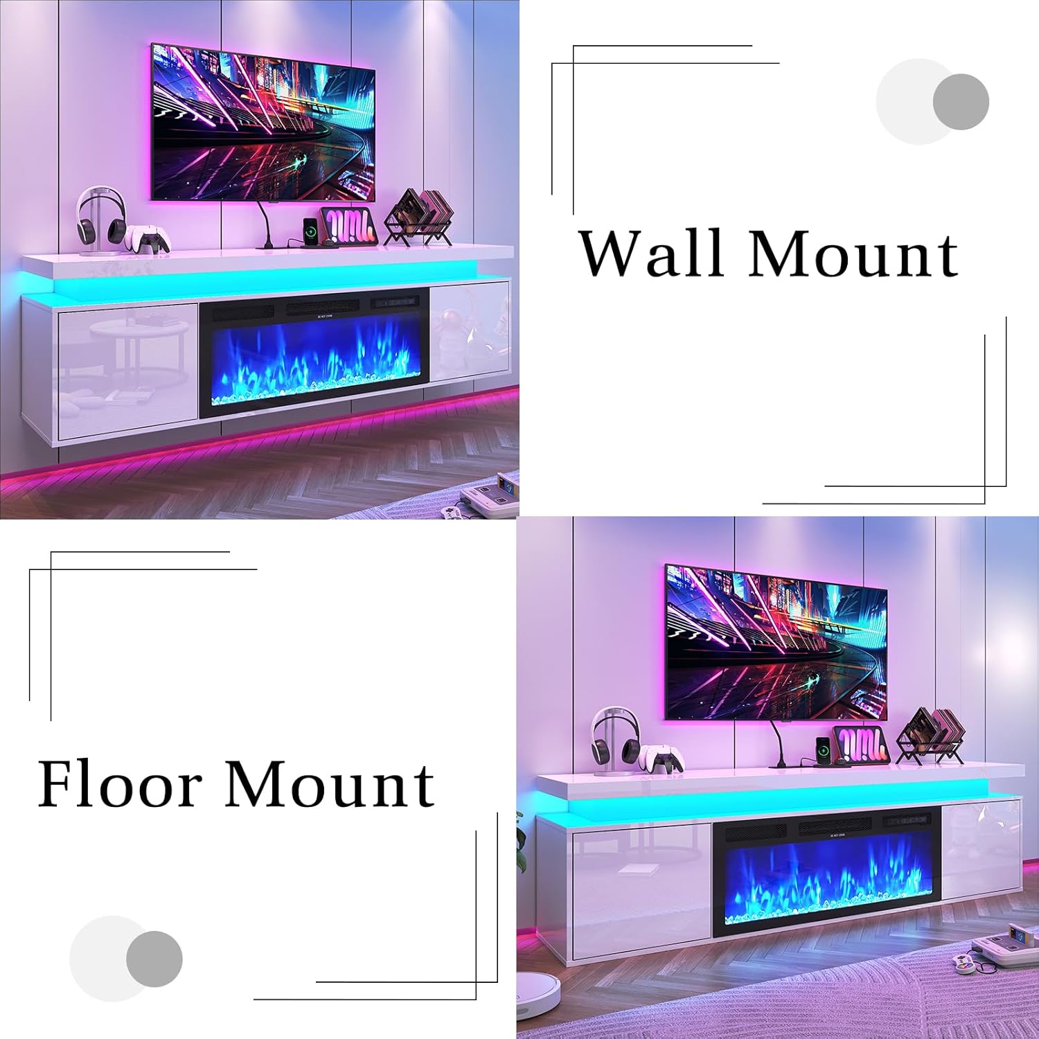 70" Floating Fireplace tv Stand w/ 36" Fireplace Up to 80" TVs,High Gloss LED Fireplaces TV Stand Entertainment Center for 70/75+/80 inch TVs, Modern Media TV Console Cabinet for Living Room