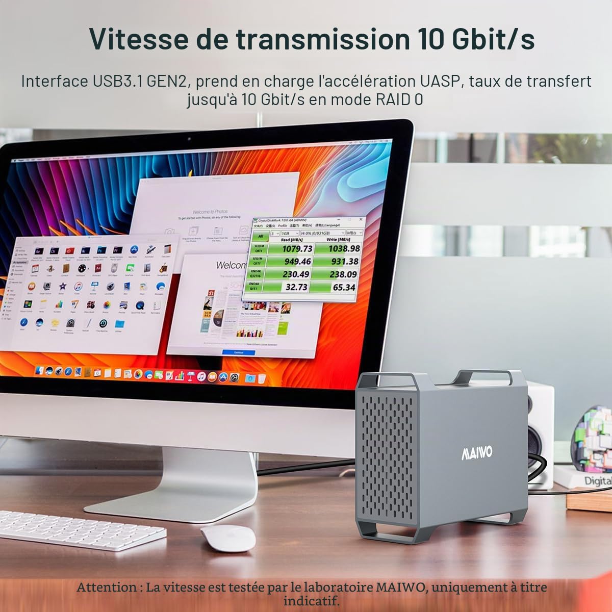 Boîtier de Disque Dur Externe pour Disque Dur SATA 3,5", Station d'accueil MAIWO 10 Gbit/s SATA avec Ventilateur réglable, 4 Modes Raid, Station d'accueil Double Baie de Type C pour Extension de