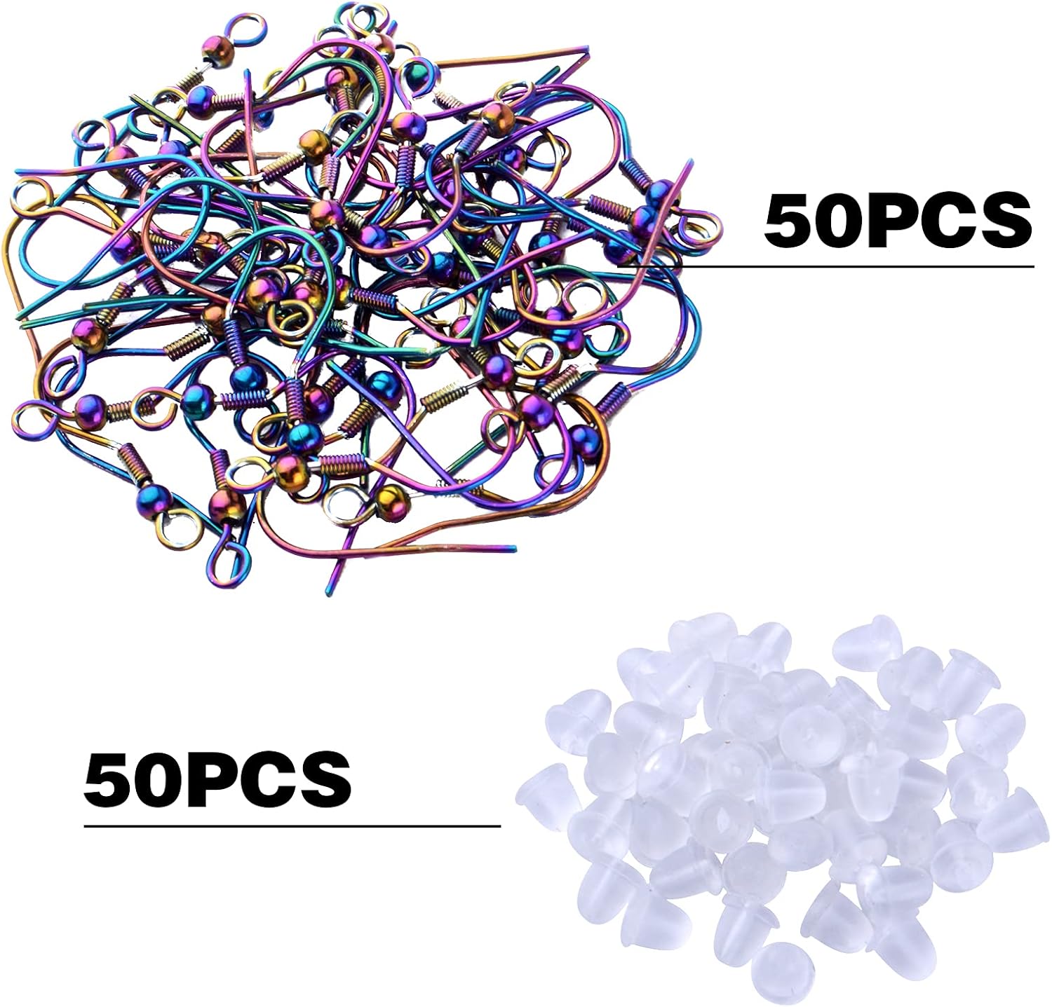 Stainless Steel Earring Hooks, 50pcs Rainbow Color Fish Earrings Hooks Ear Wires Fish Hooks Hypo-allergenic with 50pcs Clear Bullet Earring Backs for DIY Jewelry Earrings Making - Image 2