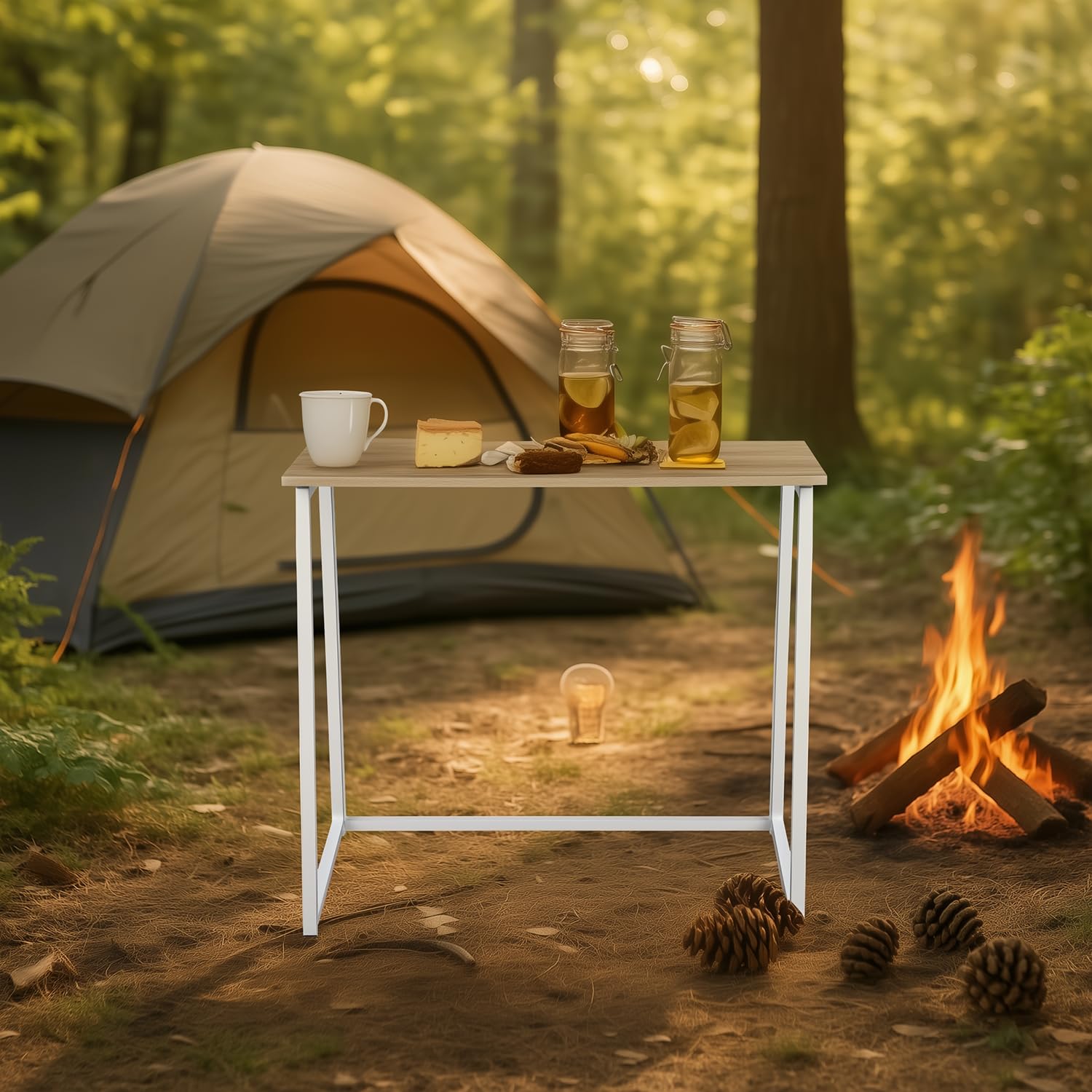Table de Camping Pliante avec Cadre en Métal Blanc Léger pour Les Activités de Camping en Plein Air Table Compacte Pliable en Bois de Chêne pour Les Repas de Voyage