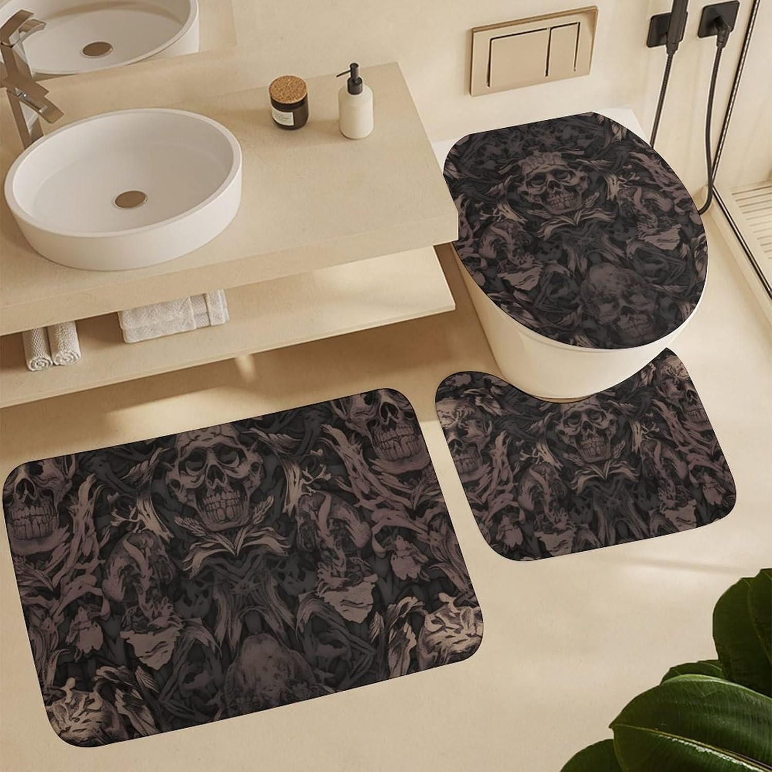 4-piece Bathroom Set with Waterproof Shower Curtain, Non-slip Absorbent Rug,Gothic Wallpaper for Walls Skull Damaskprinting And Toilet Seat Cover - Bathroom Accessories And Decor for Modern Homes, Wit