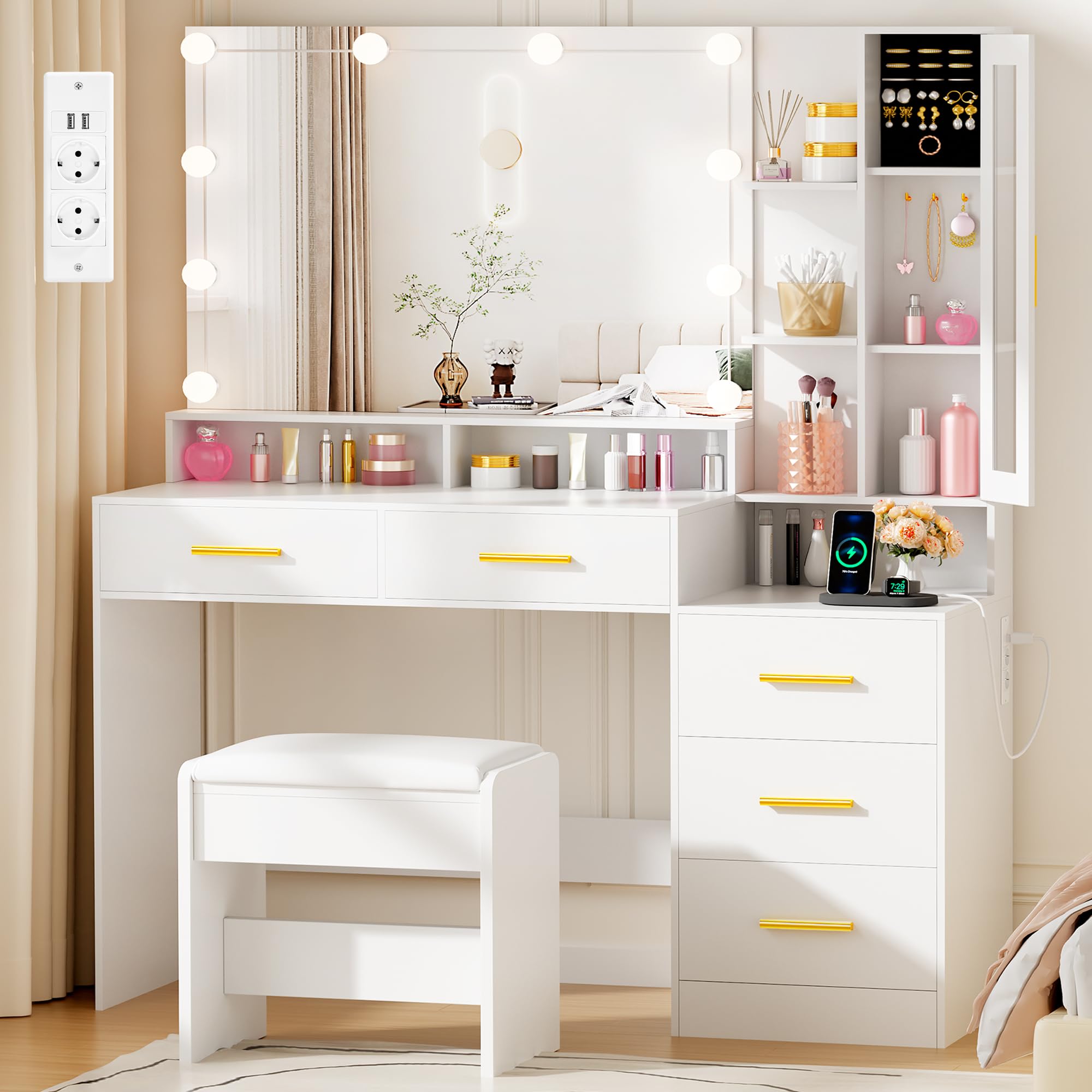 ANWBROAD 110cm Toeletta Da Trucco Con Specchio Luci E Presa,Luminosità