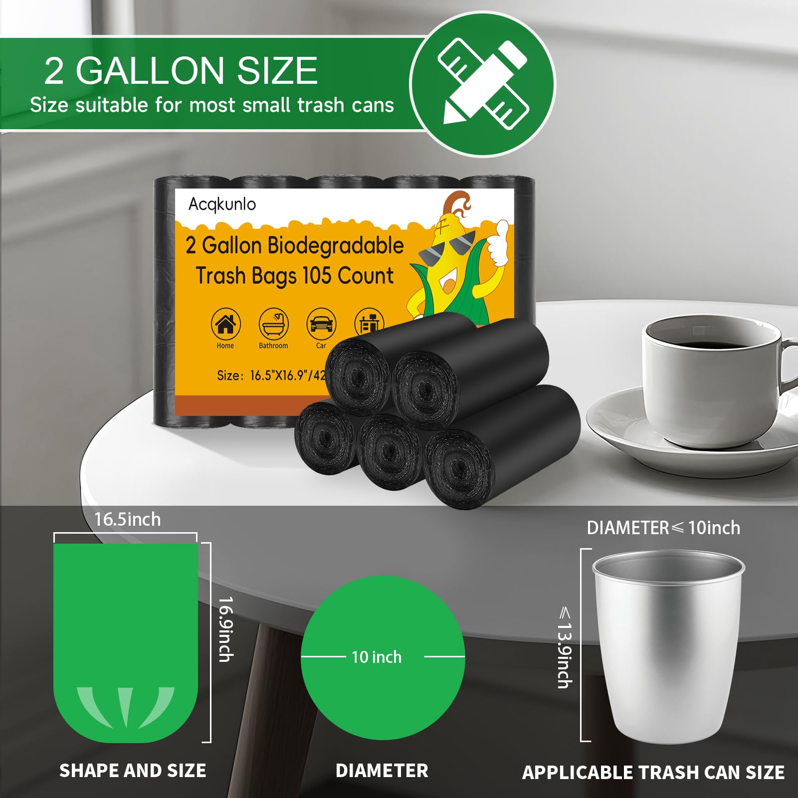 Mini bolsa de basura de 2 galones, color negro, biodegradable, pequeñas bolsas de basura para baño, sin perfume, compostables, 105 unidades, para cocina, oficina, coche, pequeñas bolsas de basura a