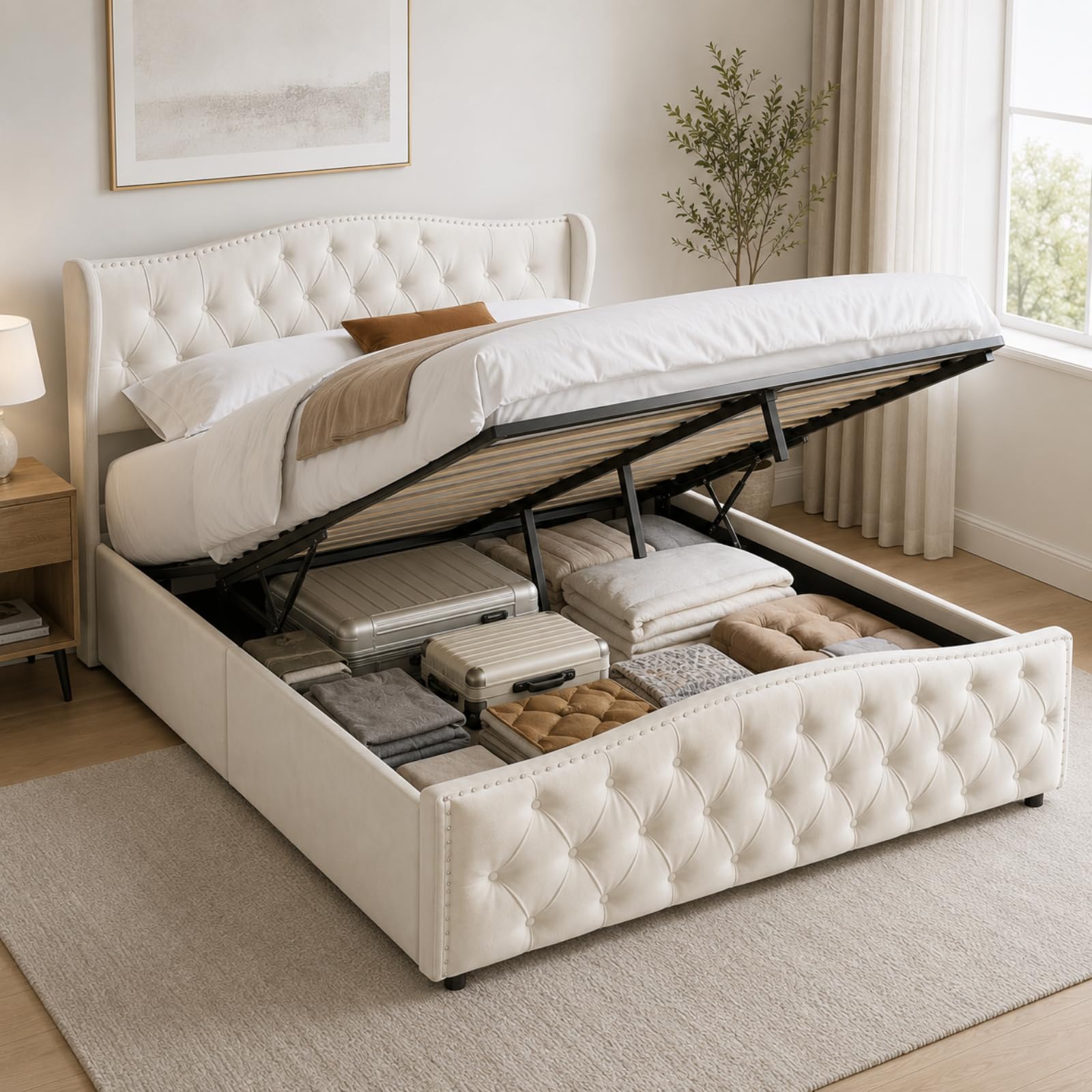 Fofetbfo Cama tapizada de 160 x 200 cm, cama doble acolchada con cajón, cama doble con espacio de almacenamiento, cama de almacenamiento hidráulico con cabecero, cama funcional para adolescentes