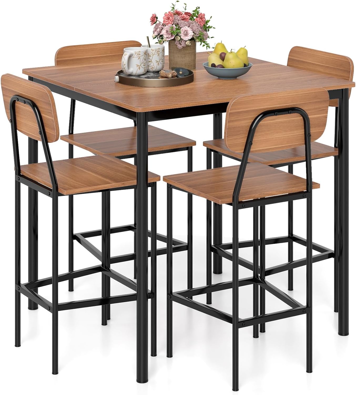 Giantex 5-Piece Dining Table Set W/Counter Height Table & 4 Bar Stools, Industrial Kitchen Dining Table Set W/Footrest & Backrest, Space-Saving Dinette Set for Pub, Dining Room, Restaurant (Teak)