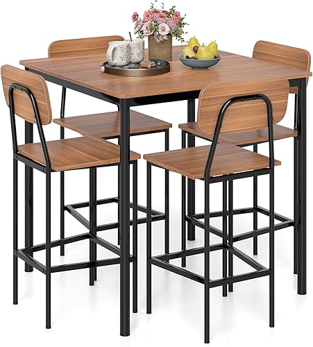 Miniatura 12 de Giantex Juego de mesa de comedor de 5 piezas con mesa de altura de mostrador y 4 taburetes de bar, juego de mesa de comedor de cocina industrial con