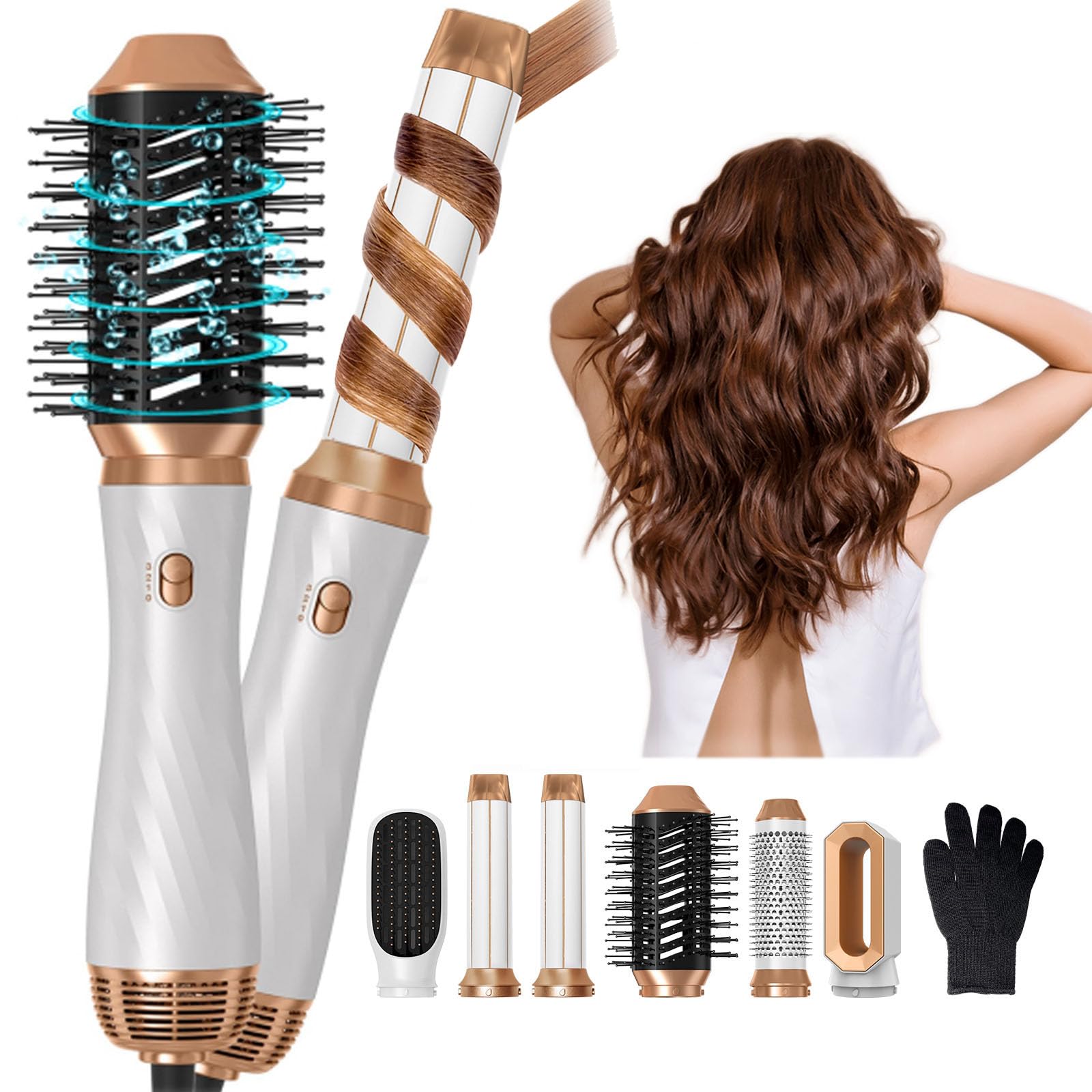 6 in One Blow Dryer Brush 60000RPM, Upgraded Hot Air Brush, Curling Wand Curling Iron Brush Blow Dryer with 3 Temp, 1000W Powerful Negative Ionic Air Brush Air Curler Hair Styler Curling Brush Set