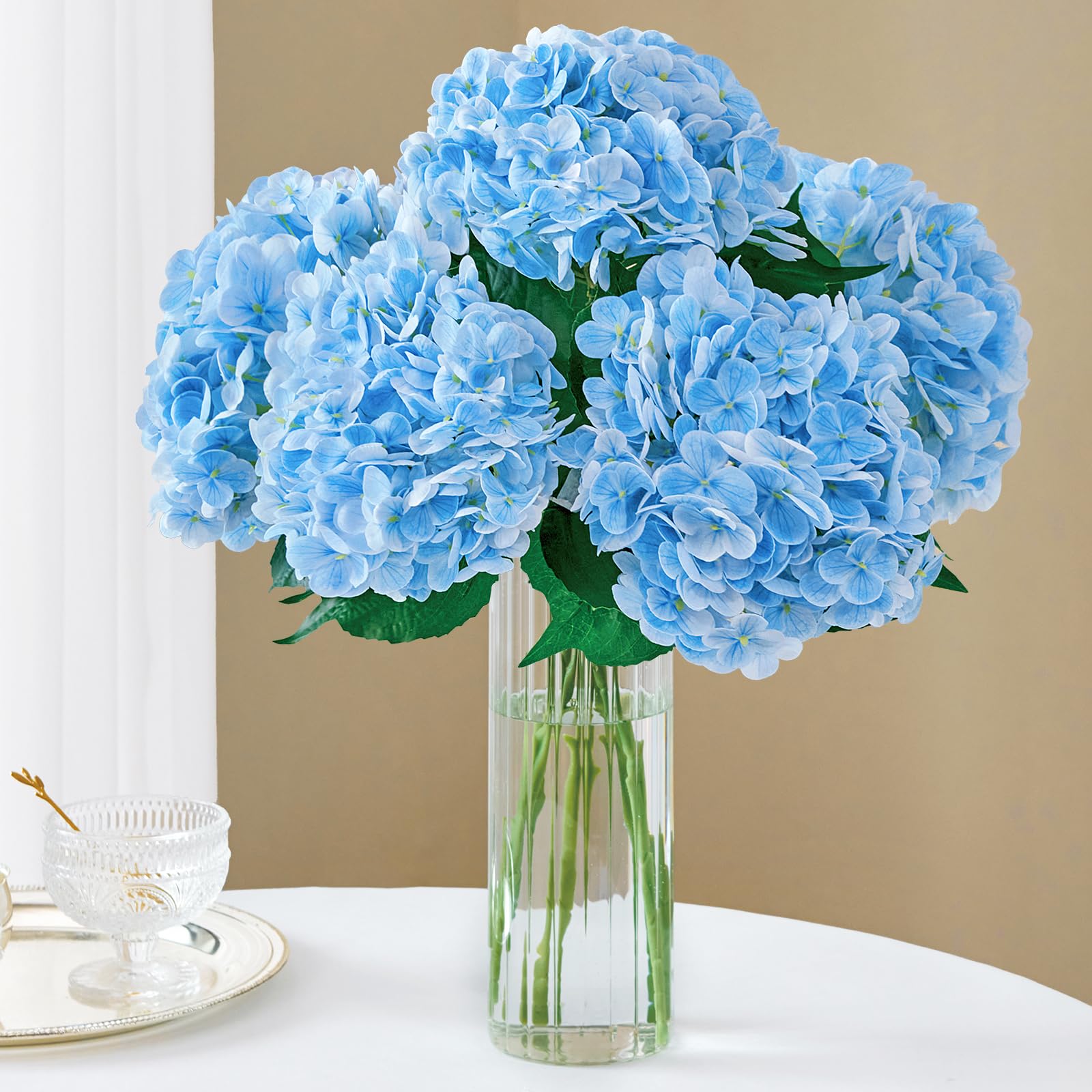 Serwalin𝟱𝙋𝘾𝙎 3D Real Touch Hydrangea Artificial Flowers with Long Stems, 21in Blue Latex Fake Hydrangea Flowers for Home Decor, Outdor Wedding Party Bouquets Centerpieces