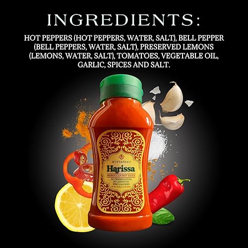 Miniatura 5 de Mustapha's Harissa Hot Sauce - Pasta de pimiento picante original del norte de África, sin azúcar, sin conservantes, sin OMG, vegana, apta para