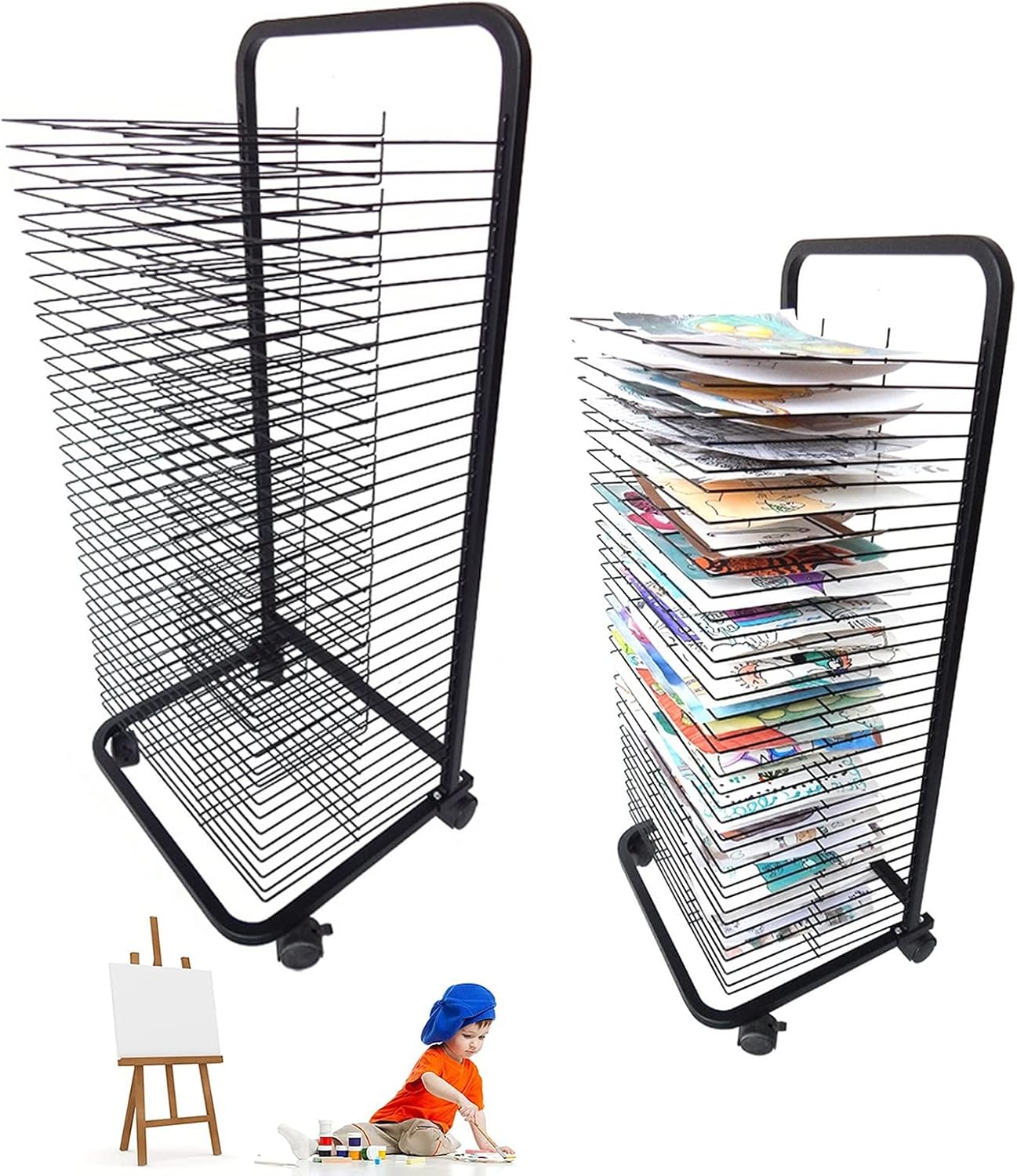 Wire Art Drying Rack for Classrooms, Art Studio, Stackable Flexible Shelves Metal Steel Mobile Art Rack Painting Crafts Artwork Canvas Storage Display Rack with Wheels, 4,25 Shelves