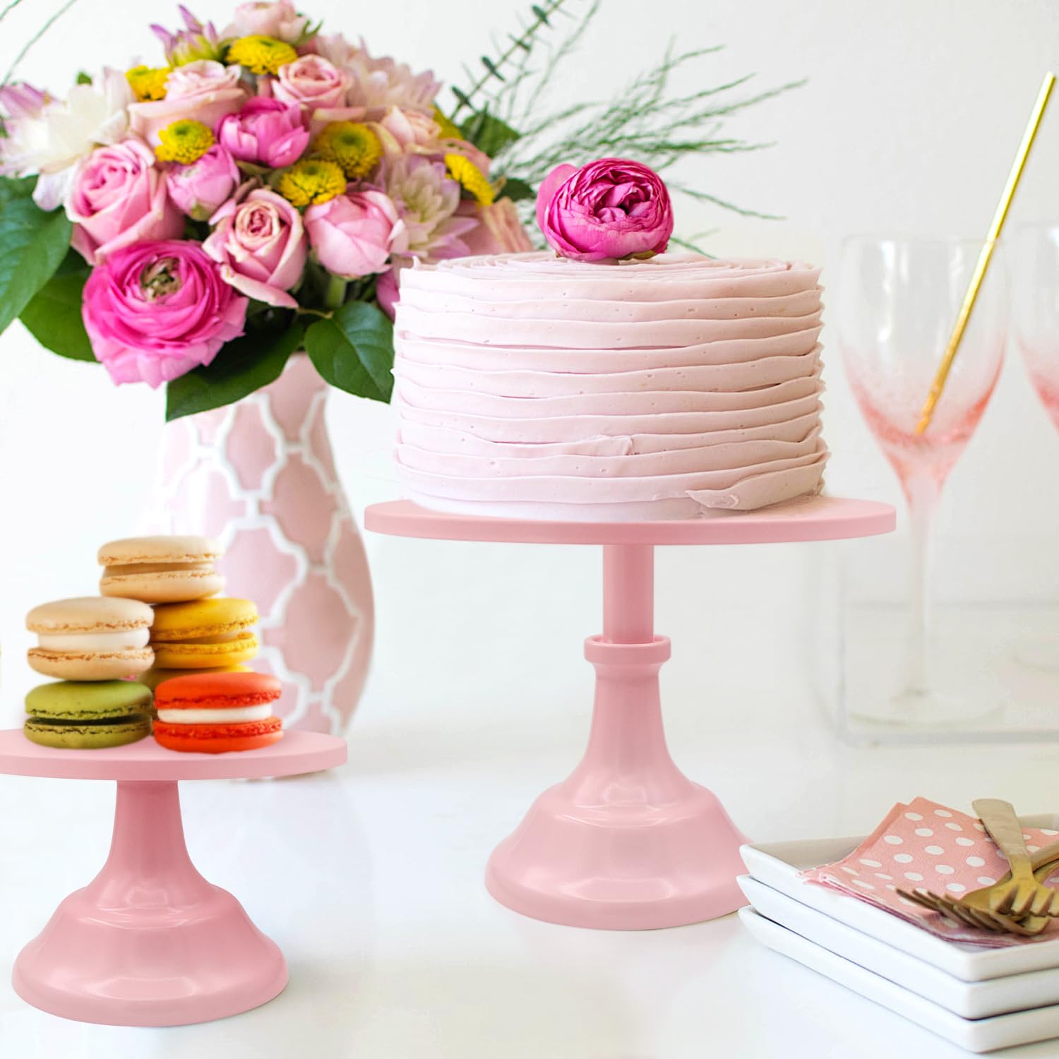 3 Stück rosa Kuchenständer, Metall-Kuchenständer-Set für Desserttisch, 20,3 cm, 25,4 cm, 30,5 cm, runder Kuchenhalter, Dessertkuchen, Pizza-Präsentationsständer für Party, Hochzeit,