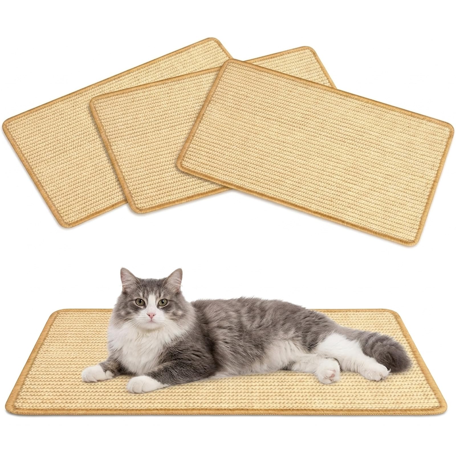 GREENSAPPIRE 3-Pack Cat Scratching Mats, Natural Sisal 50x25cm Cat Scratchers for Indoor Cats, Furniture & Sofa Protector, Horizontal Wall & Floor Scratching Mat with Sticky Tape