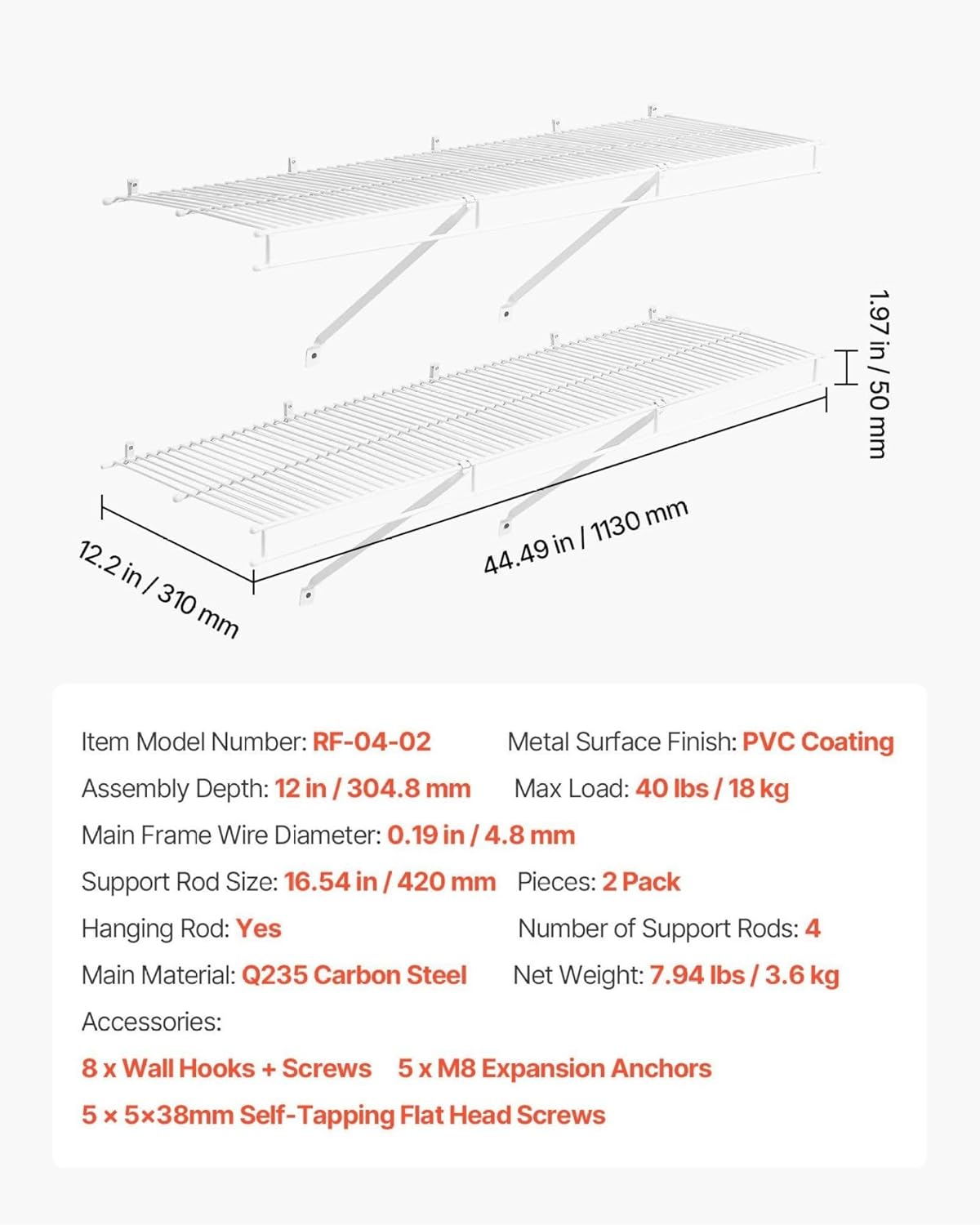 Wire Shelf Kit, 4 ft, Set of 2, Wall Mounted Wire Shelves, Heavy-Duty Carbon Steel Hanging Shelf, Floating Wall Storage Shelves with Dip Coating, for Closet, Bedroom, Living Room, Office, Pantry