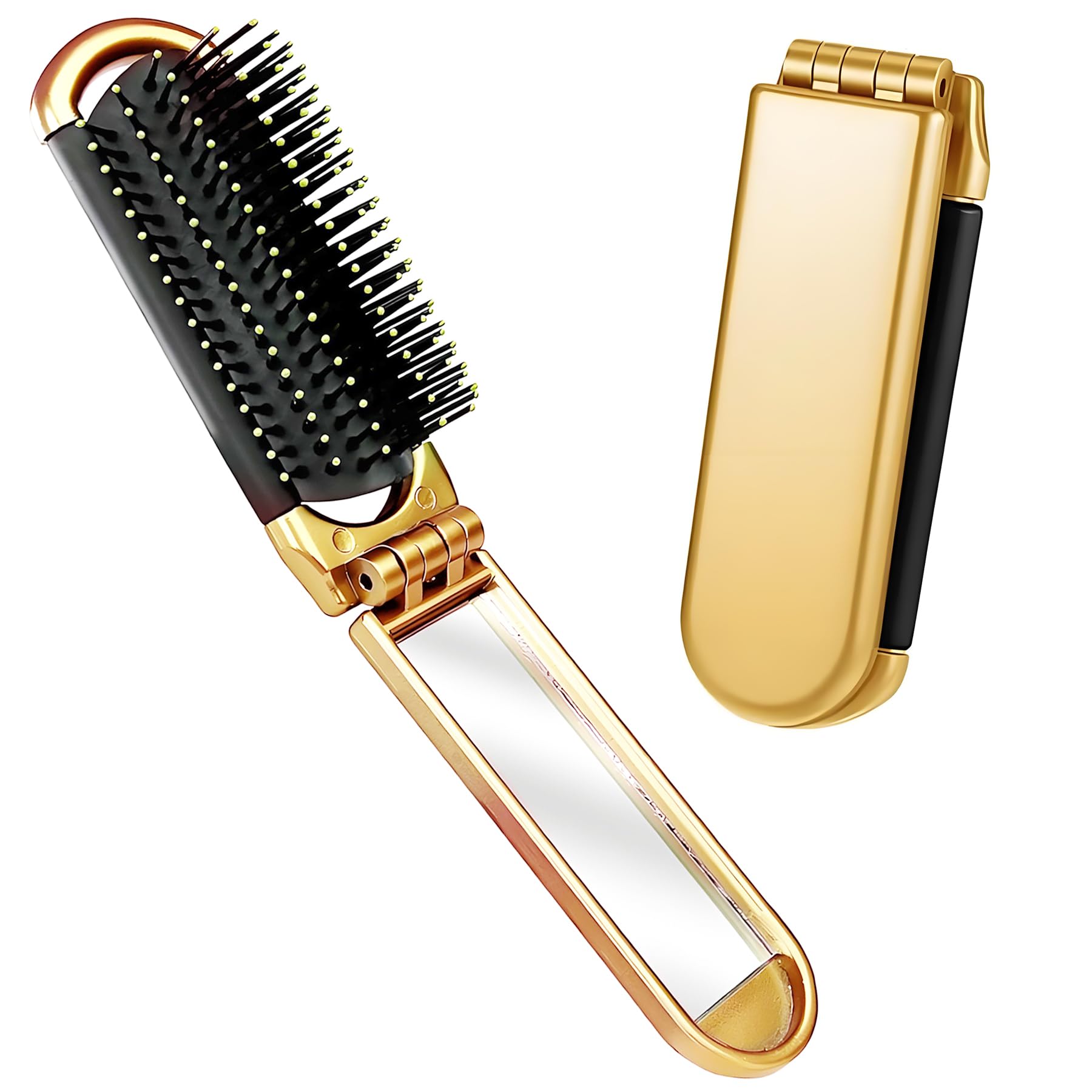 YPYMOD Spazzola per Capelli da Viaggio con Mini Specchio, Pieghevoli Spazzola Pettine per Massaggi Strumenti compatti per Lo Styling dei Capelli per Palestra, Viaggi, Borsa, Nuoto(Oro)