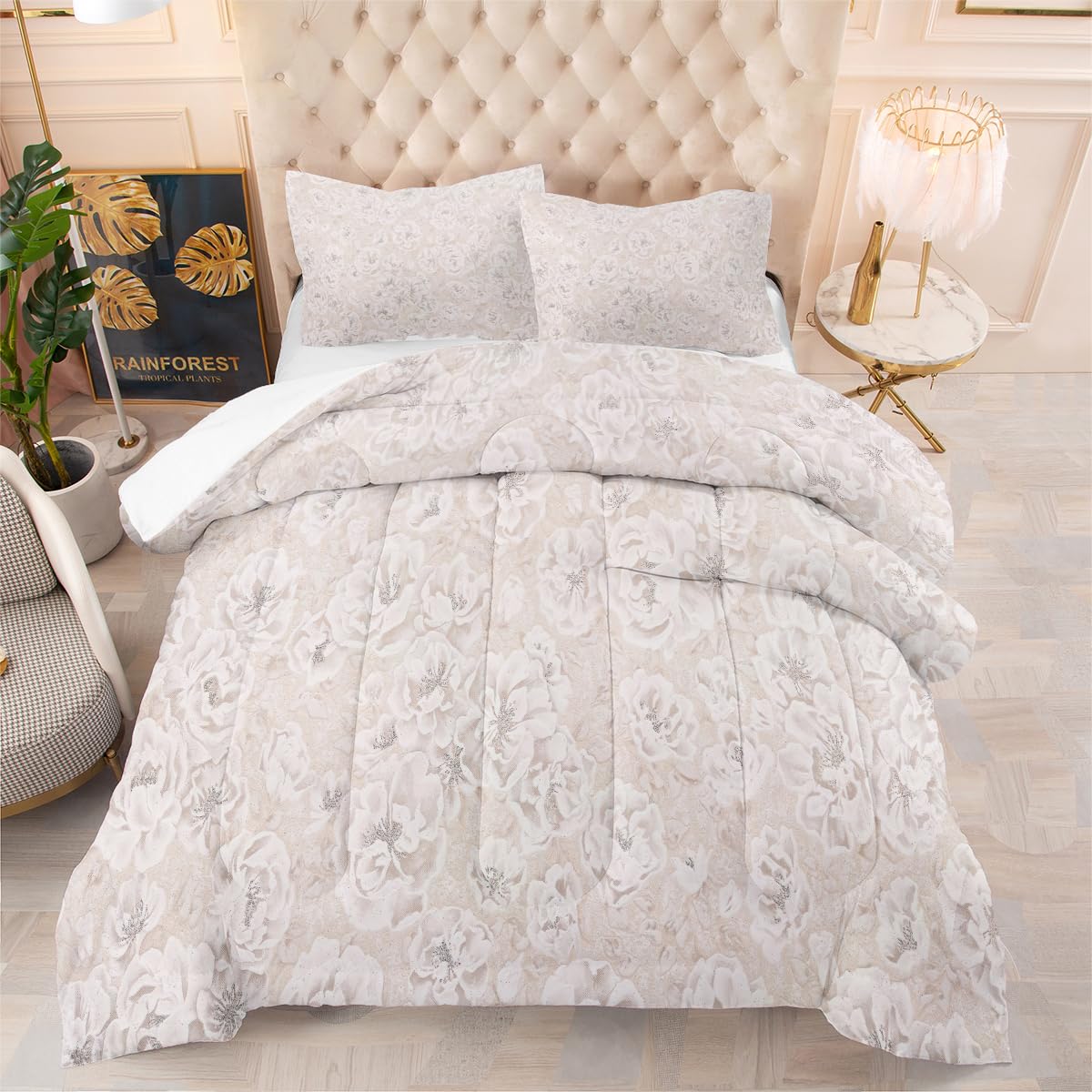 King Size Duvet Beige Peony 3D Printed All-Season Down Alternative Quilted Duvet,90G Microfibre Coverless Duvet 200Grm Microfiber Filling,Includes 1 Comforter, 2 Pillow Shams