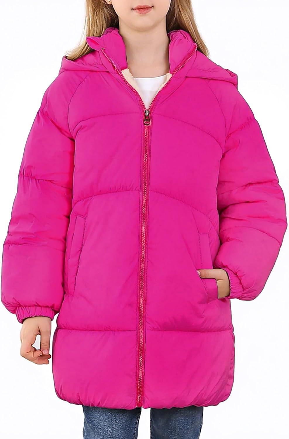 UNIFACO Girls Winter Coats Hooded Puffer Jackets Medium Length Down-like Cotton Coats Snow Outwear 5-12Y