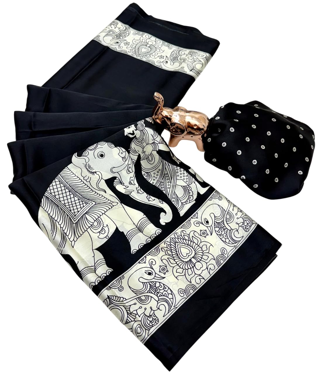 satika vastram Women's Satin Modal Silk Kalamkari Saree Beautiful Figure Elephant Design With Blouse Piece-picture-53
