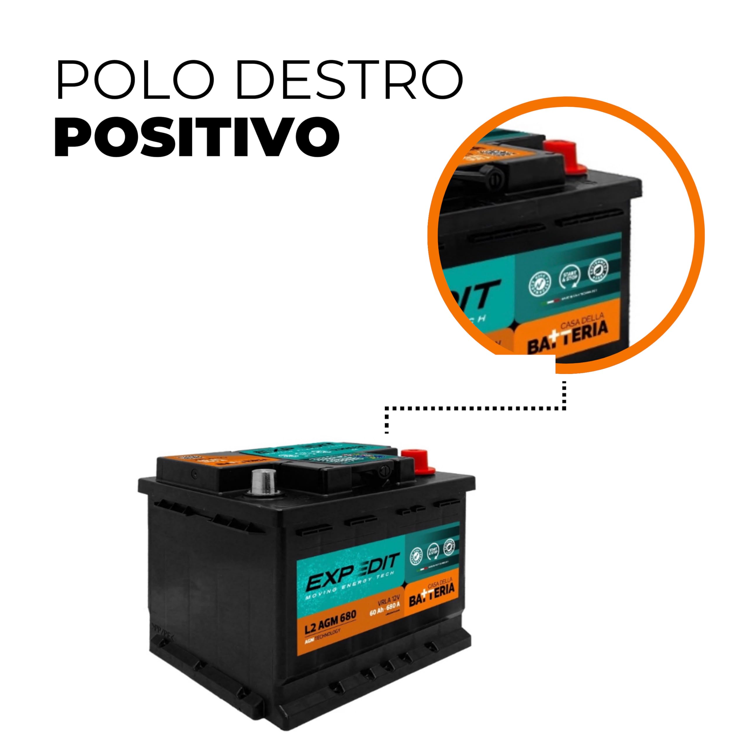 La Casa della Batteria Batteria Auto Expedit Moving Energy Tech Batteria 12v Batteria Auto 60Ah 680A Start&Stop AGM L2 VR680 24.2x17.5x19 cm Senza Manutenzione Pronta all'Uso Made in Italy