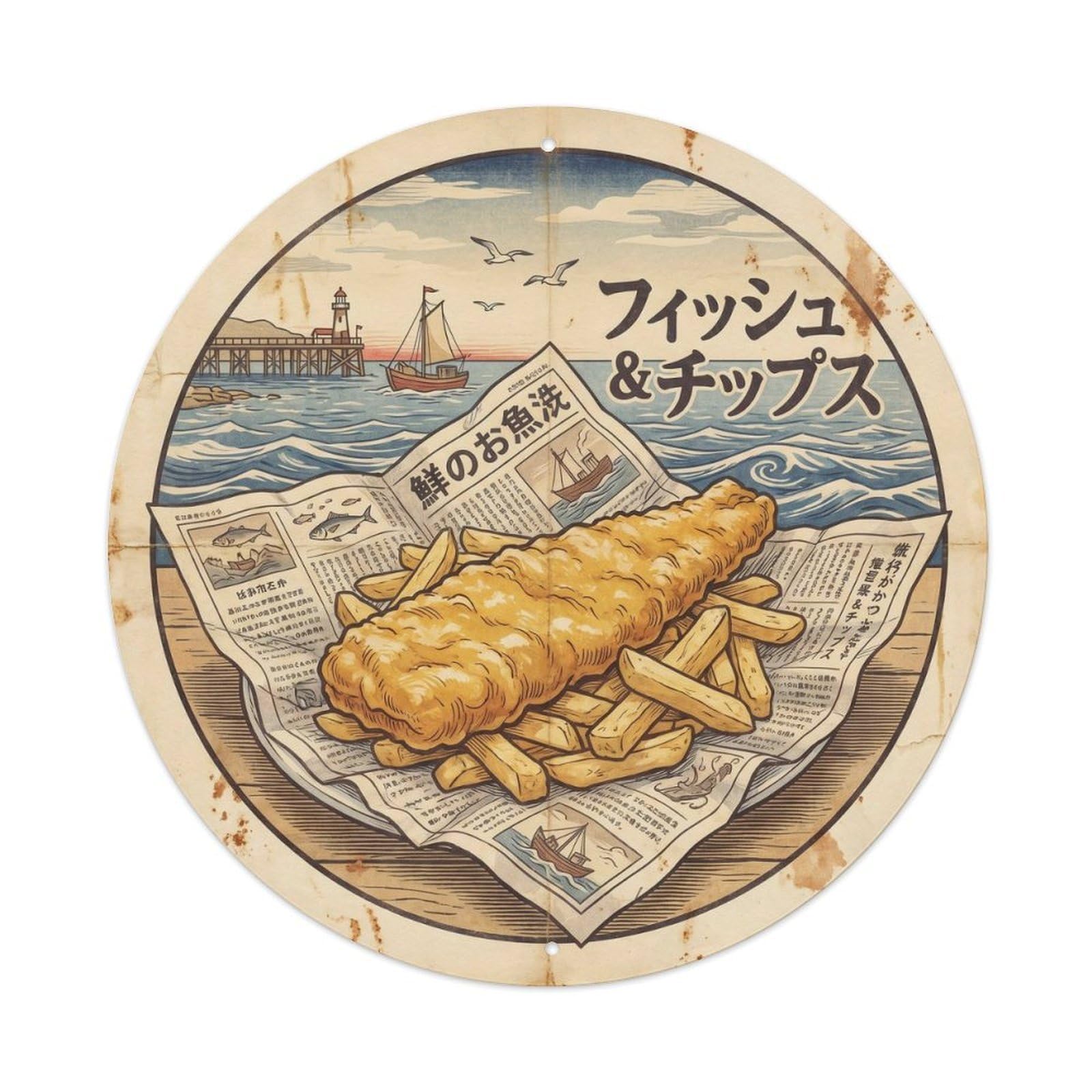 British Culture Chippy Fish Supper Heritage Woodblock Metal Tin Sign