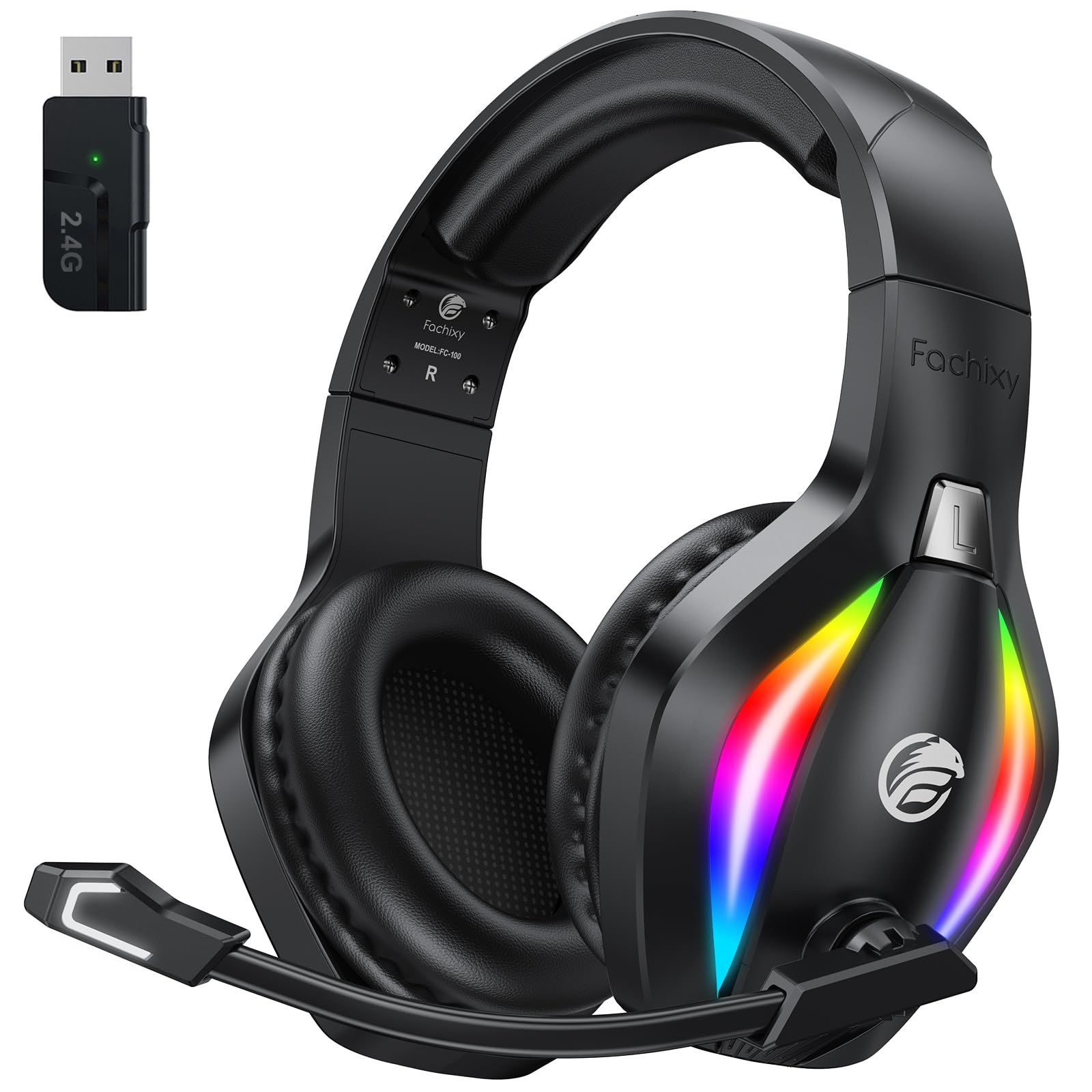 Fachixy Gaming Headset Wireless für PS5, PS4, PC, Mac, Laptop Switch Mobile, 2.4GHz Geringe Latenz Und Bluetooth, Kabelloses kopfhörer mit Mikrofon Immersive Stereo Sound, 50H Akku, RGB Beleuchtung