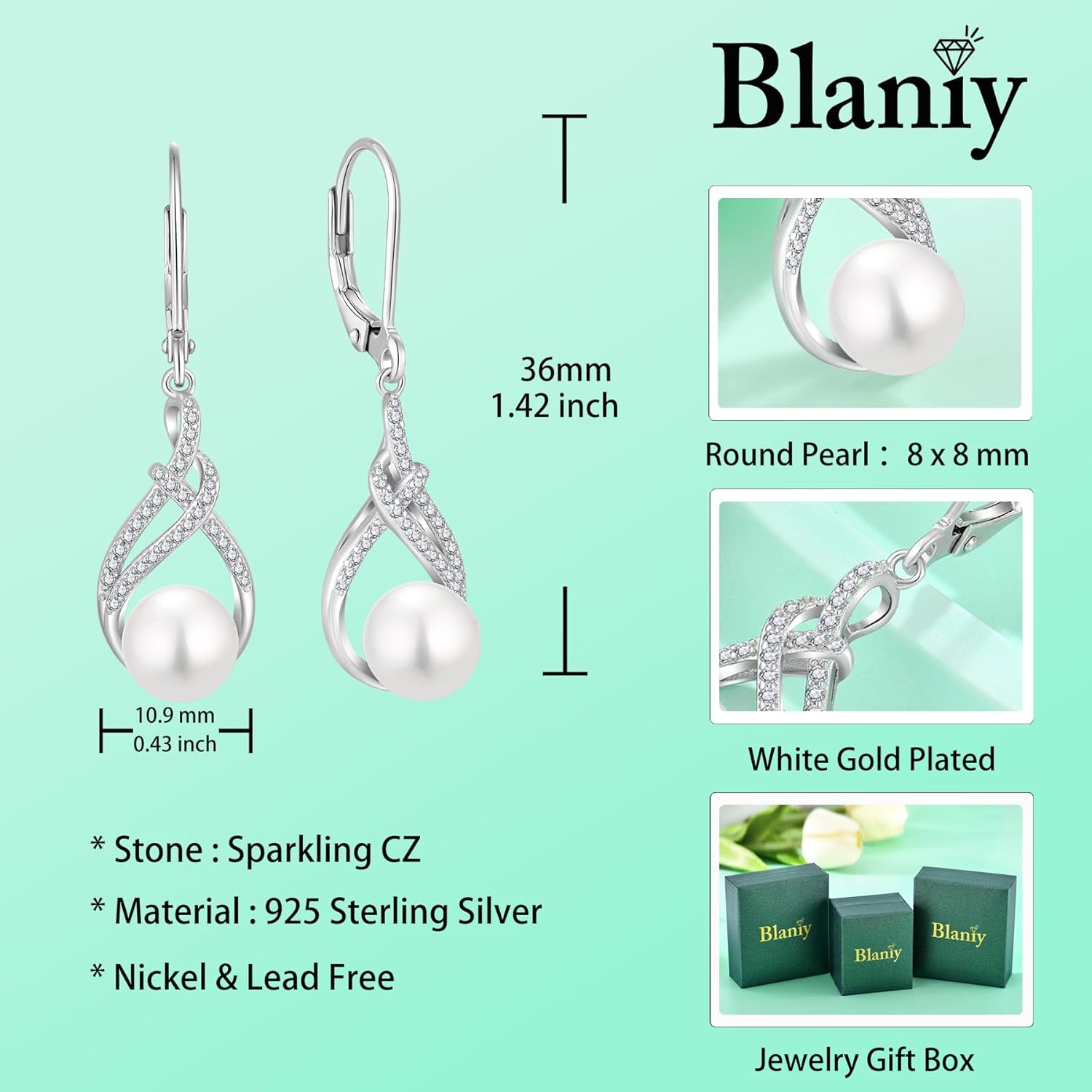Pearl Dangle Drop Earrings for Women 925 Sterling Silver Infinity Leverback Earrings with 8MM White Pearl Jewelry Gifts for Her - Image 6