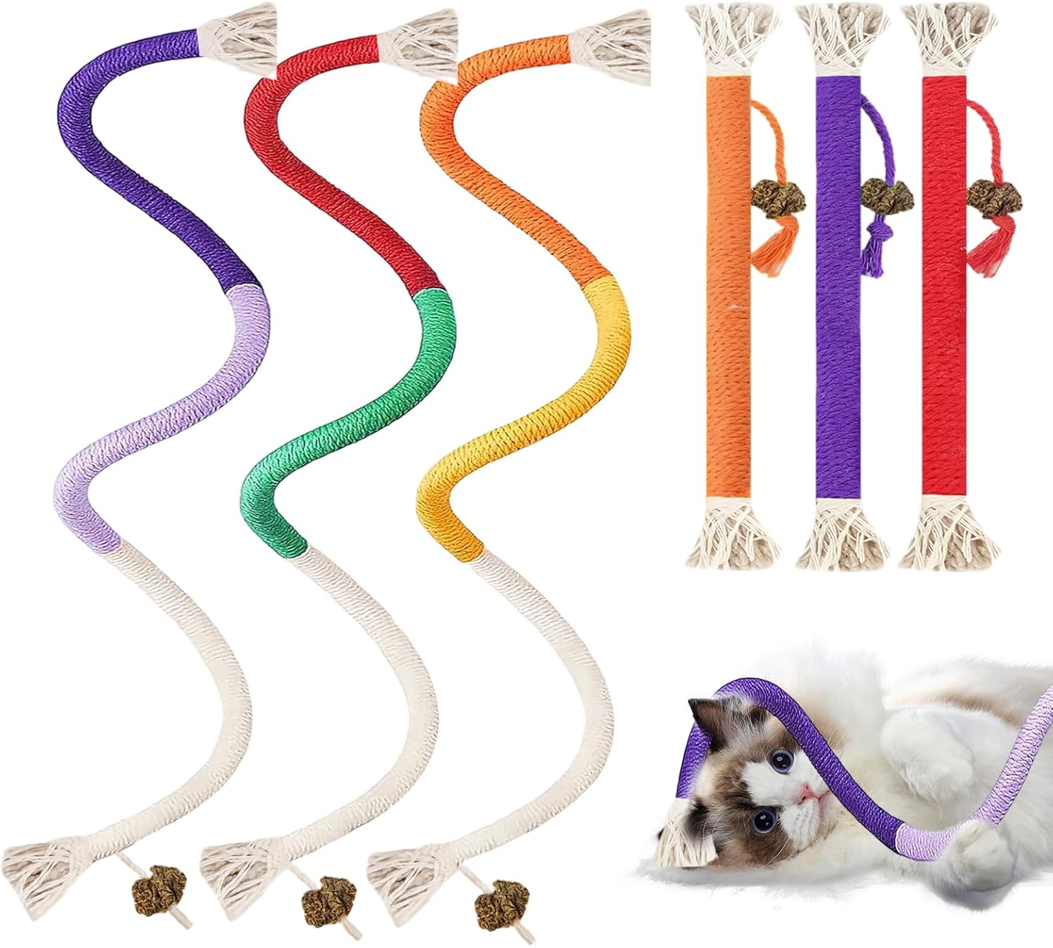 Tiiyee Cat Toys Chew Ropes, 6 Pack Cat Toys for Indoor Cats, Kitten Teeth Cleaning Toys Interactive Cat Nip Toy for Stress Anxiety Relief, Enrichment Play Cotton String with Natural Silvervine Ball