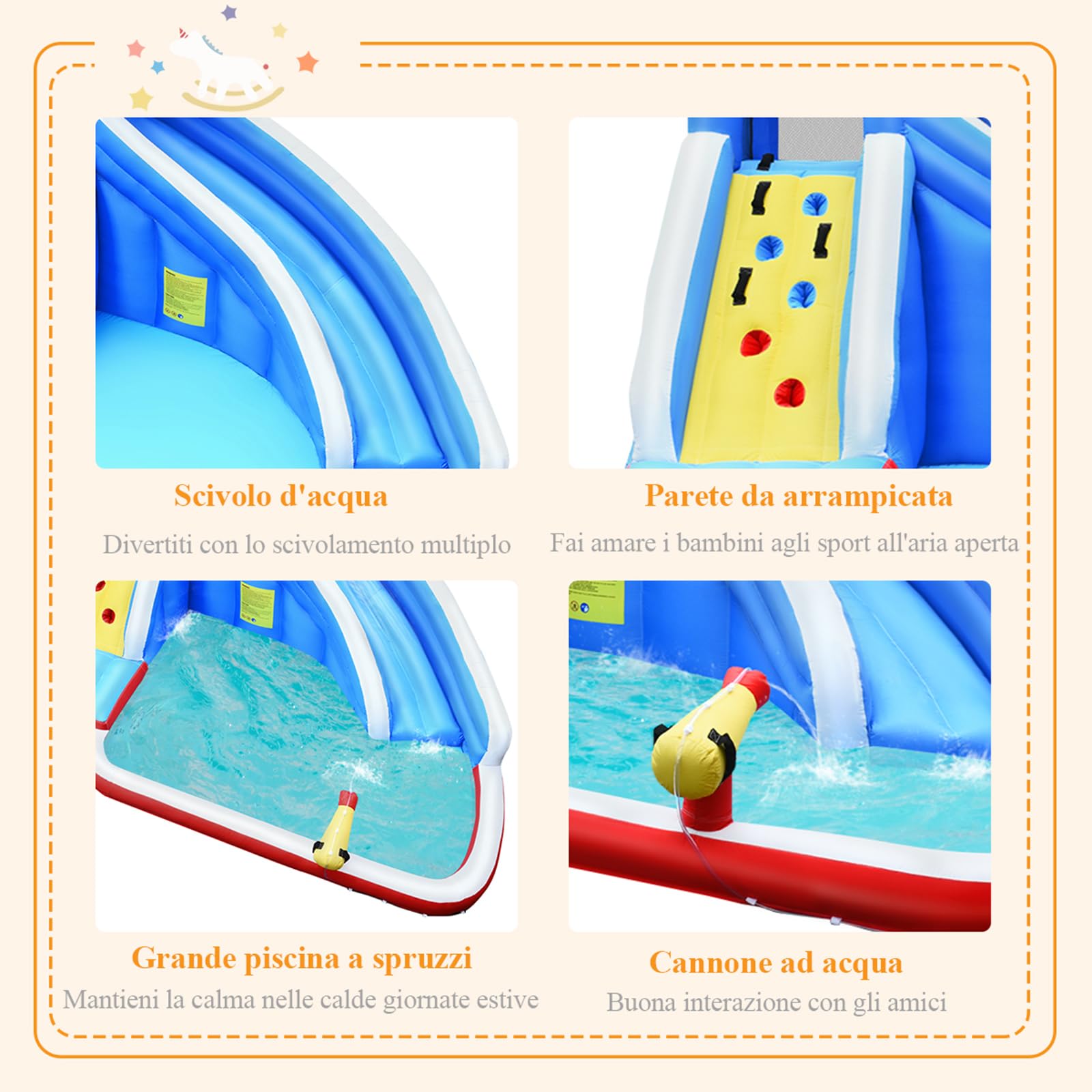 COSTWAY Castello Gonfiabile Per Bambini, Parco Giochi Gonfiabile Con Scivolo, Parete Per Arrampicarsi e Piscina, Ideale Per 4 Bambini 3-8Anni, Con Borsa di Trasporto e Kit di Riparazione
