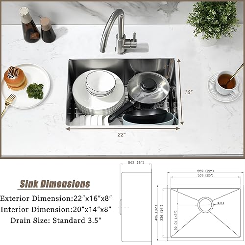 Miniatura 9 de Fregadero de cocina de 22 pulgadas para montaje inferior, fregadero de acero inoxidable de 22 x 16 pulgadas, calibre 18, hecho a mano, 8 pulgadas de