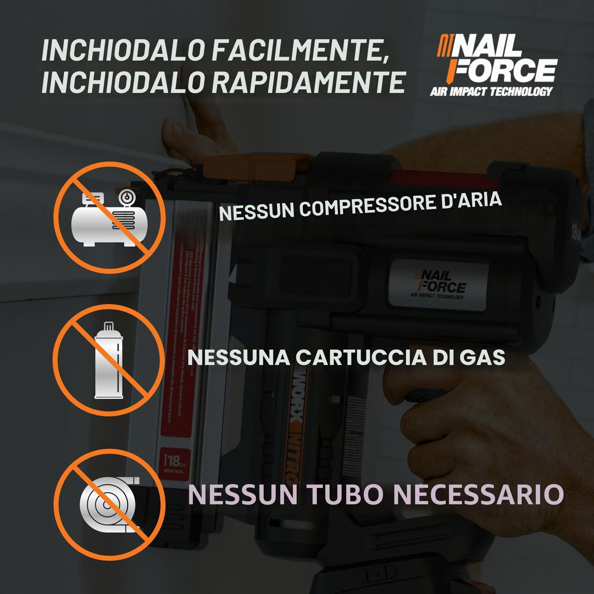 WORX NITRO WX842.9 Chiodatrice a batteria 20 V 18 GA – 80 chiodi/min – per chiodi da 15 – 50 mm – senza fili ad alta efficienza – risoluzione di inceppamento senza attrezzi