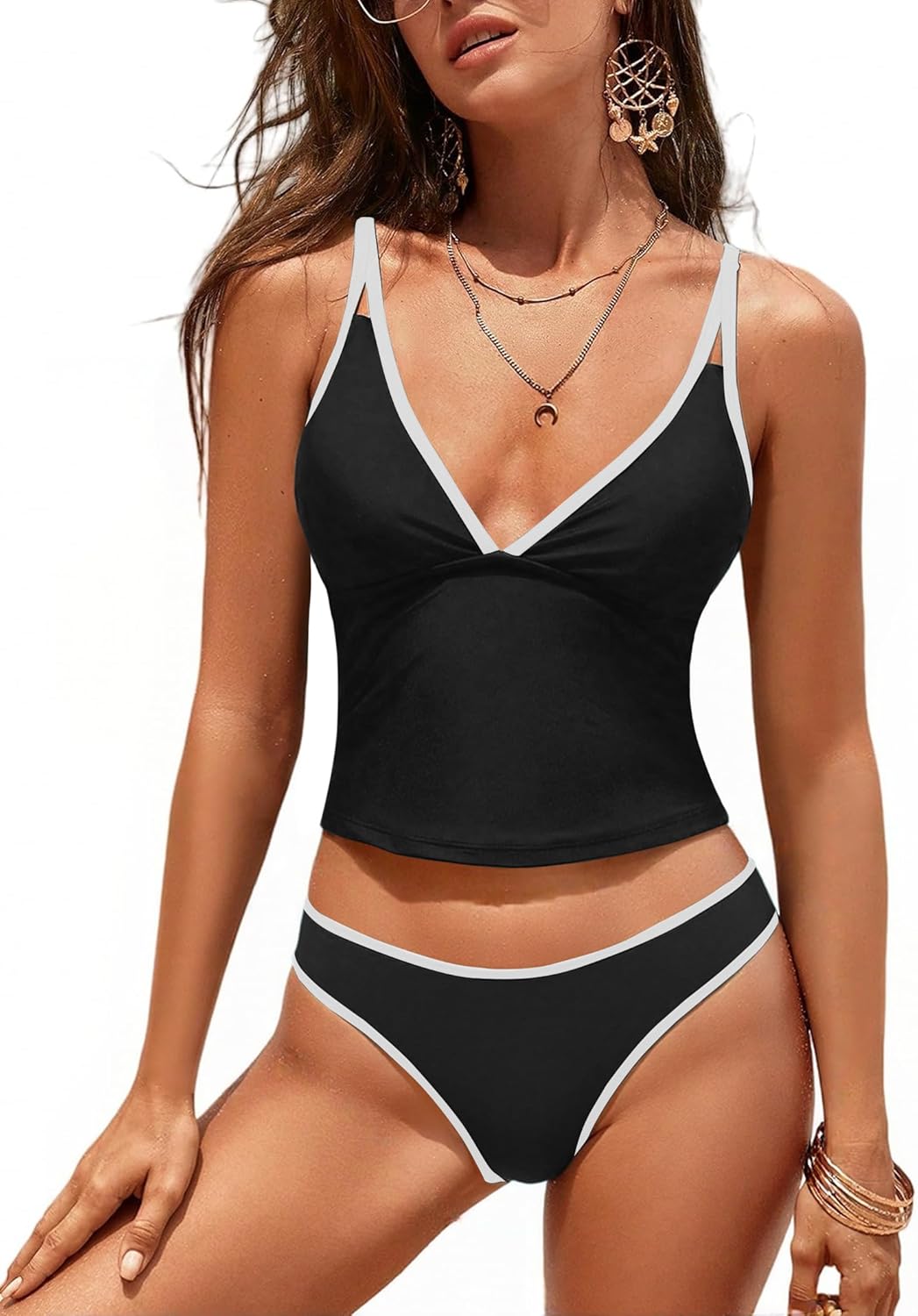 ZAFUL Tankini Swimsuits for Women V Neck Dual Straps Cropped Bikini Swimsuit High Cut 2 Pieces Bathing Suit