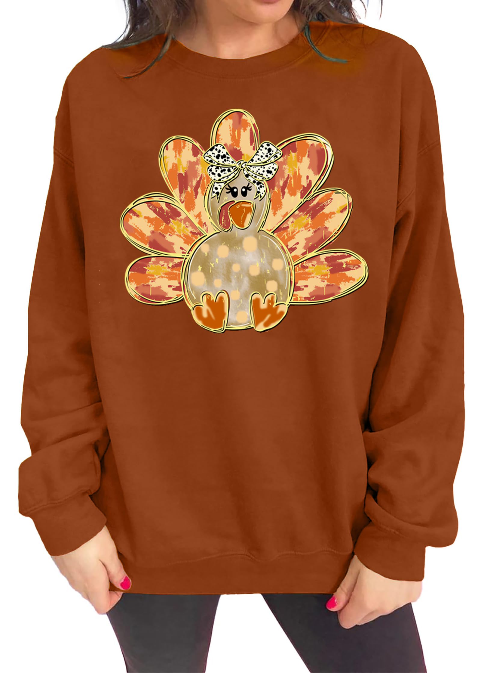 Thanksgiving Sweatshirts for Women: Turkey Graphic Tee Shirts Fall Long Sleeve Crew Neck Oversized Pullover Tops-image-23