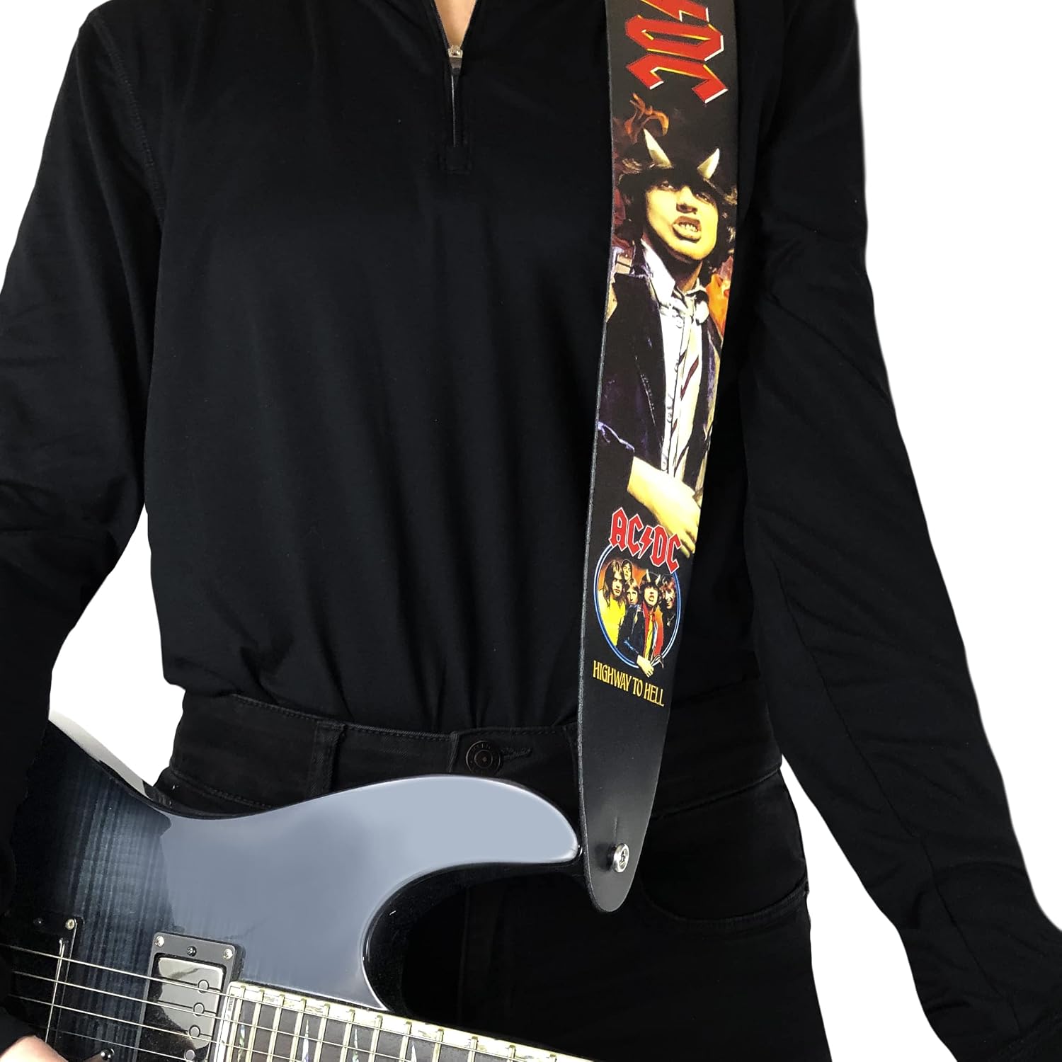 Perri's Leathers, Official AC/DC Highway to Hell Licenced Leather Guitar Strap, Direct to Leather Series, Anti-Slip, Adjustable from 42.5" to 56" Inch, Compatible w/All Button Lock Systems