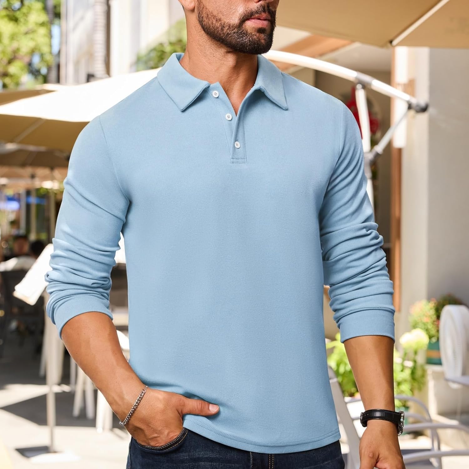 Men's Casual Polo Shirts Long Sleeve Basic Thermal Pullover Tops Classic Collar Solid Golf Shirts - Image 2